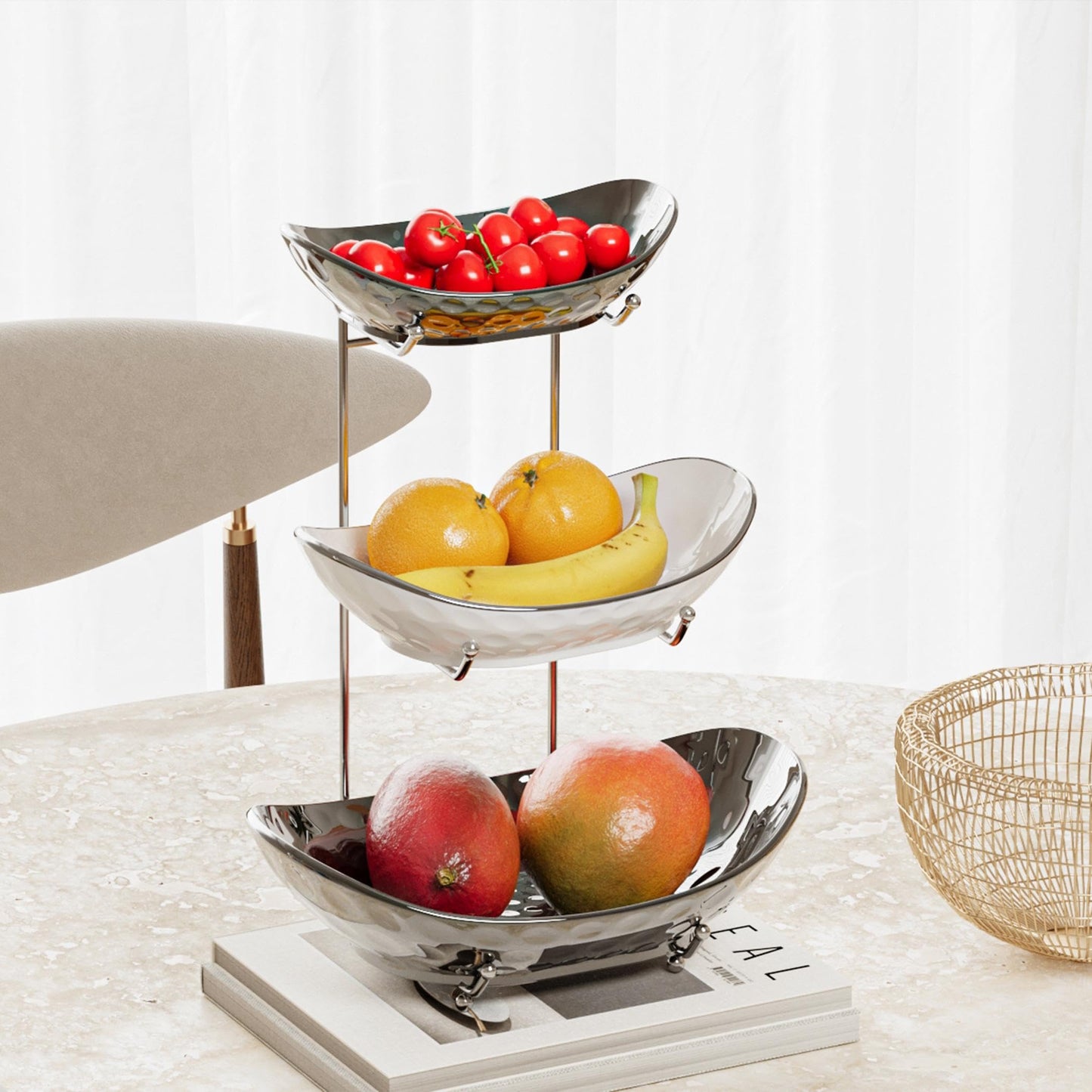 Acliys Fruit Bowl, 3 Tier Ceramic Fruit Basket, Serving Stand Serving Bowl with Metal Rack, Porcelain Kitchen Bowls for Fruit and Vegetable Storage Snack Nuts Dessert Cake Tray for Party Wedding