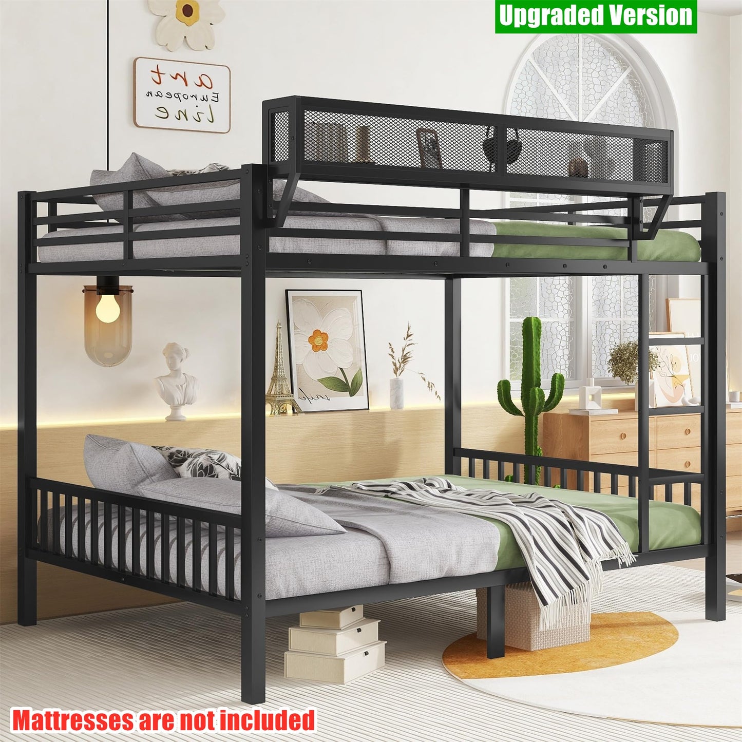 QLUSAN Upgraded & Stronger Heavy Duty Metal Bunk Bed Queen Over Queen Size, Safer Thickened More Stable Bunkbed Bunk Bed Frame (Easier to Assemble) (Queen Over Queen-A)