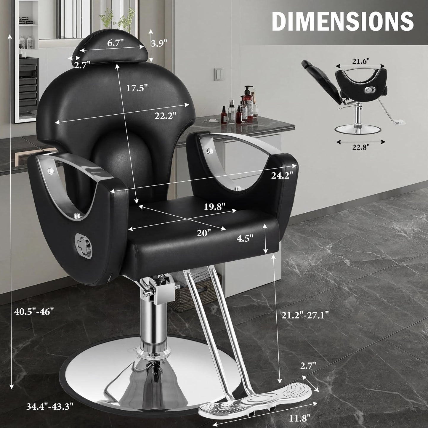 Tythical Salon Chair for Hair Stylist, Reclining Barber Salon Chair with Heavy Duty Hydraulic Pump, 360 Swivel Styling Braiding Hairdresser Chairs for Home Barbershop, Black Sliver