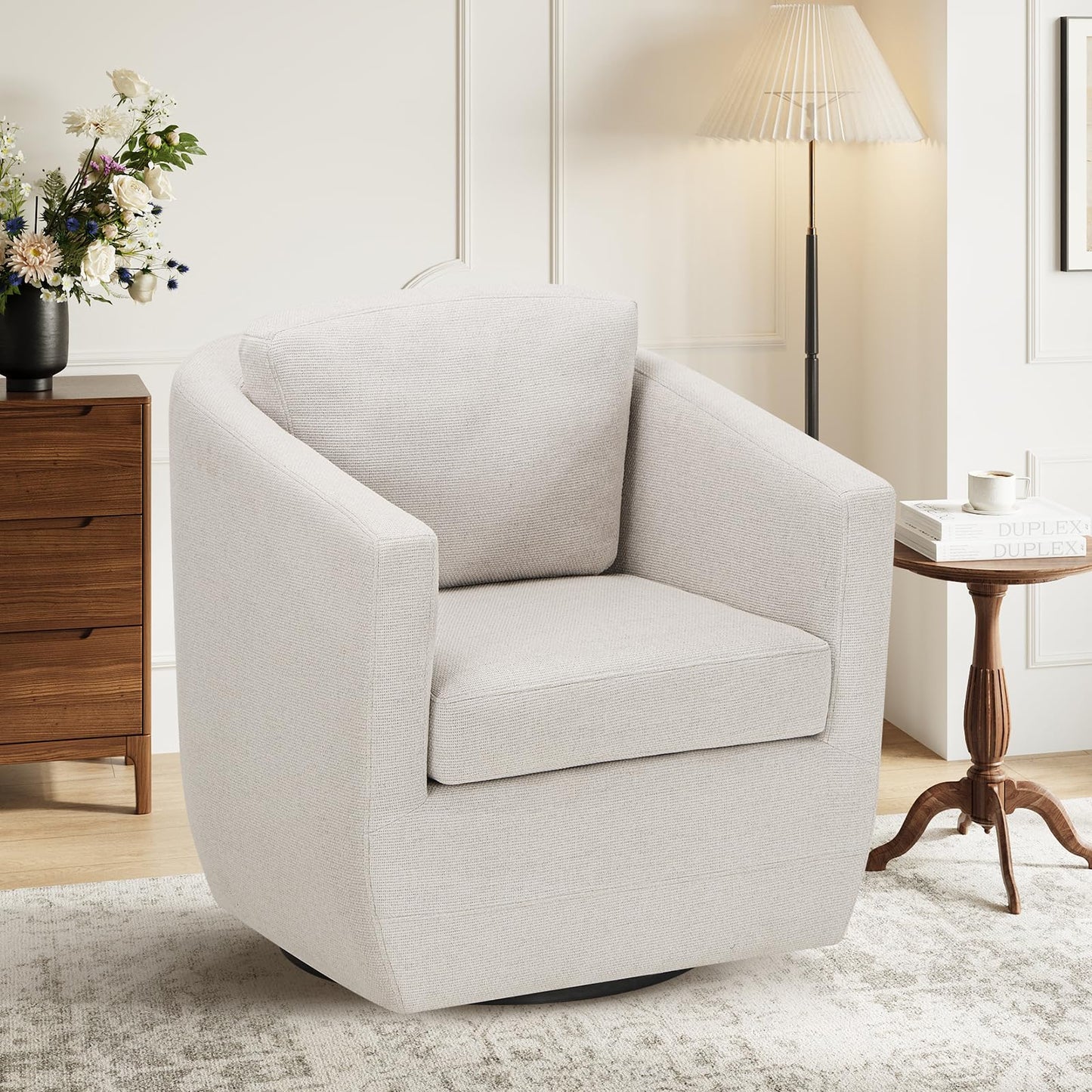 COLAMY 360° Swivel Accent Chair with Pillow, Living Room Armchair No-Sag Foam & Sturdy Metal Base, Fully Assembled Swivel Accent Single Sofa for Bedroom Living Room, Reading Room, Beige