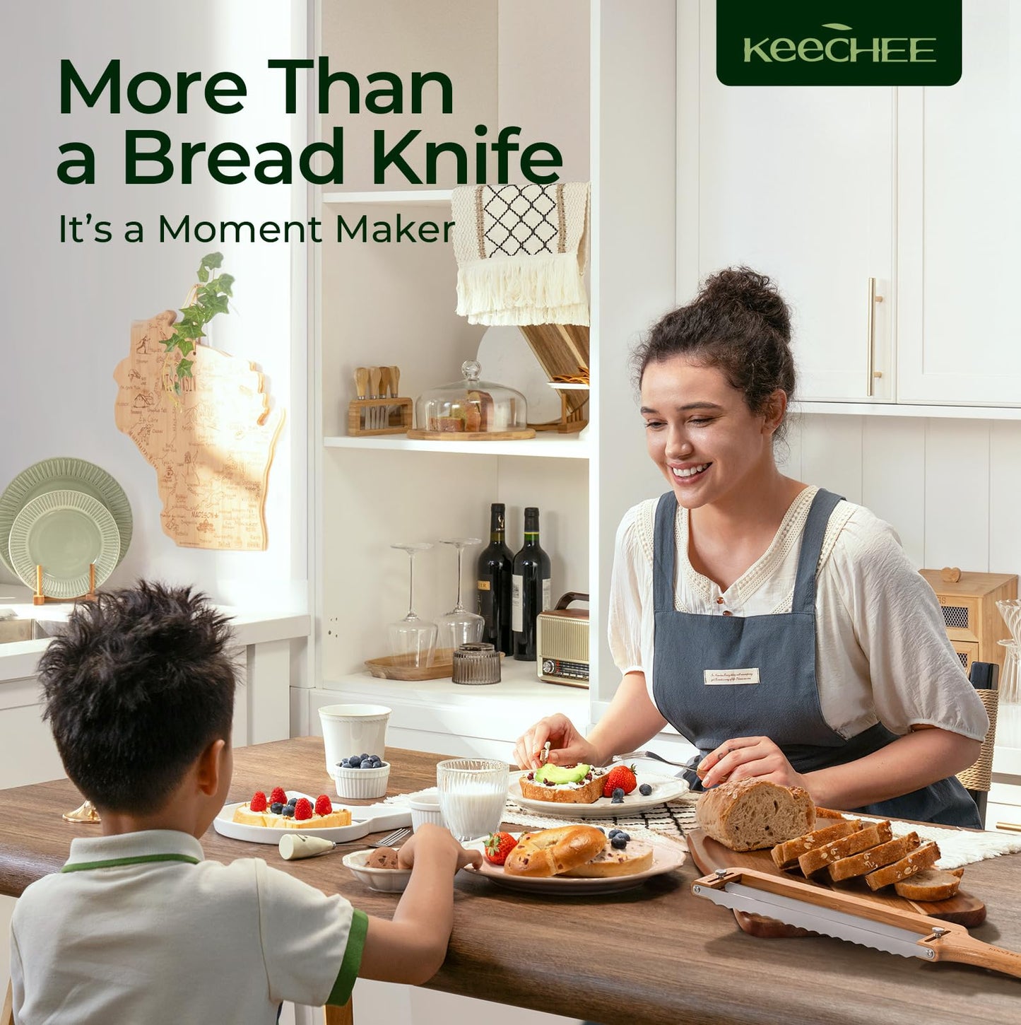 Keechee Adjustable Bread Slicer for Homemade Bread – Sourdough Bread Knife with Thickness Guide & Serrated Stainless Blade, Manual Bow Cutter for Bagels and Baguettes, Gift for Baker, Ambidextrous Use