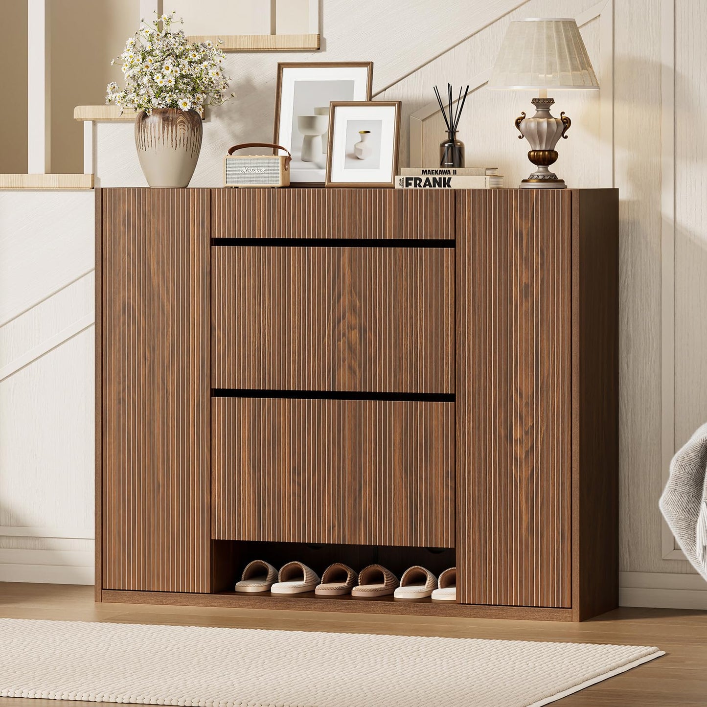 ONBRILL Large Shoe Cabinet with 2 Flip Drawers (3-Tier Each), 27-35 Pairs Shoe Organizer with Storage Drawer, 2 Doors & Open Shelf, 47.2'' Wide Shoe Storage Cabinet for Entryway Hallway (Walnut)