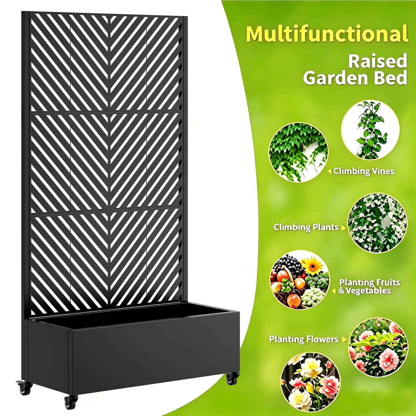 Raised Planter Box with Trellis & Lockable Wheels, Galvanized Metal, 73"x47"x16" Outdoor Privacy Screen with Planter Box for Heavy Climbing Plants, Flowers, Vegetables, Vines