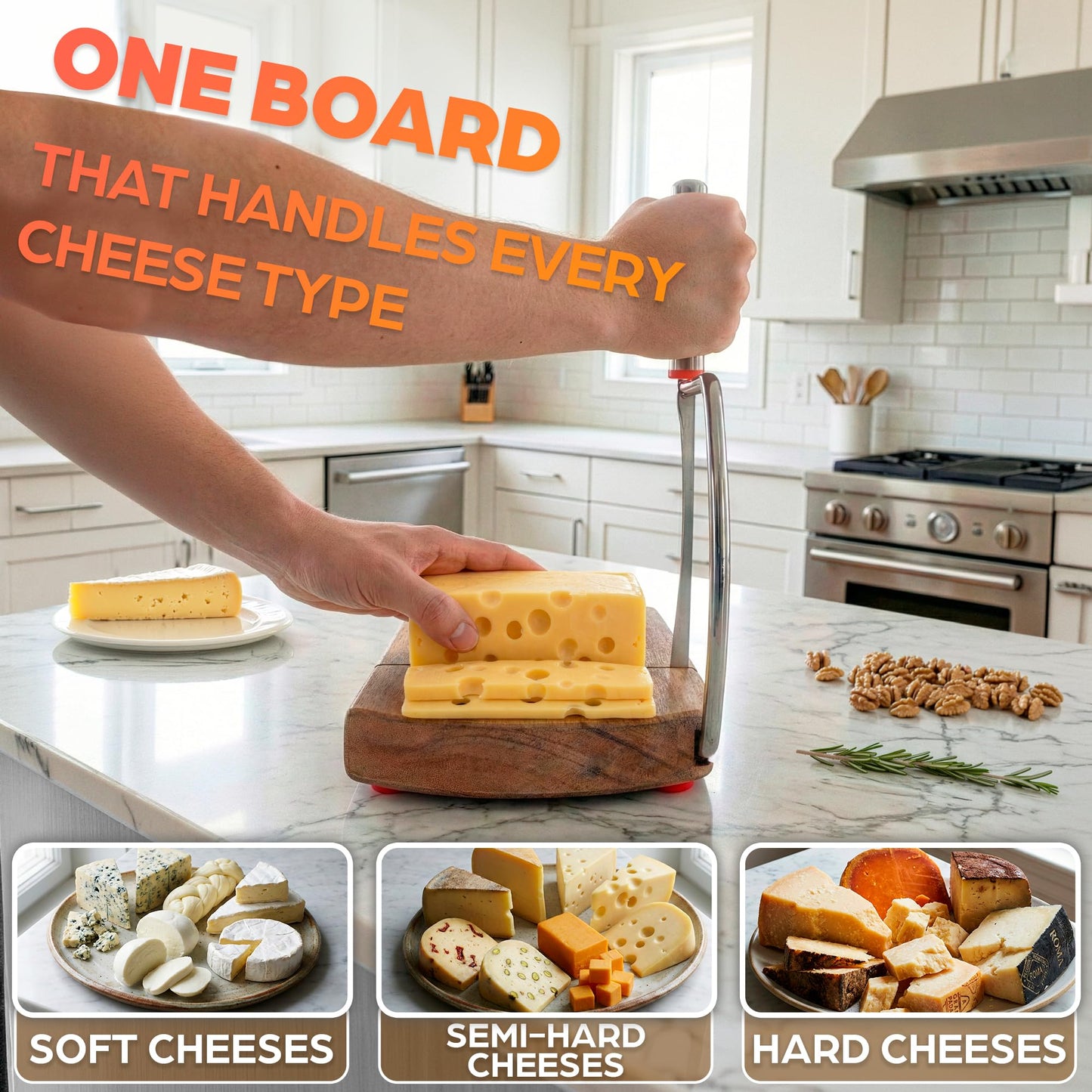 Manual Cheese Slicer for Block Cheese with Stainless Steel Blade & Locking Design - Multipurpose Wood Cheese Cutter Board 8.35x9.17x0.94 in for Slicing Butter, Vegetables, Fruits, Snacks & Deli Foods