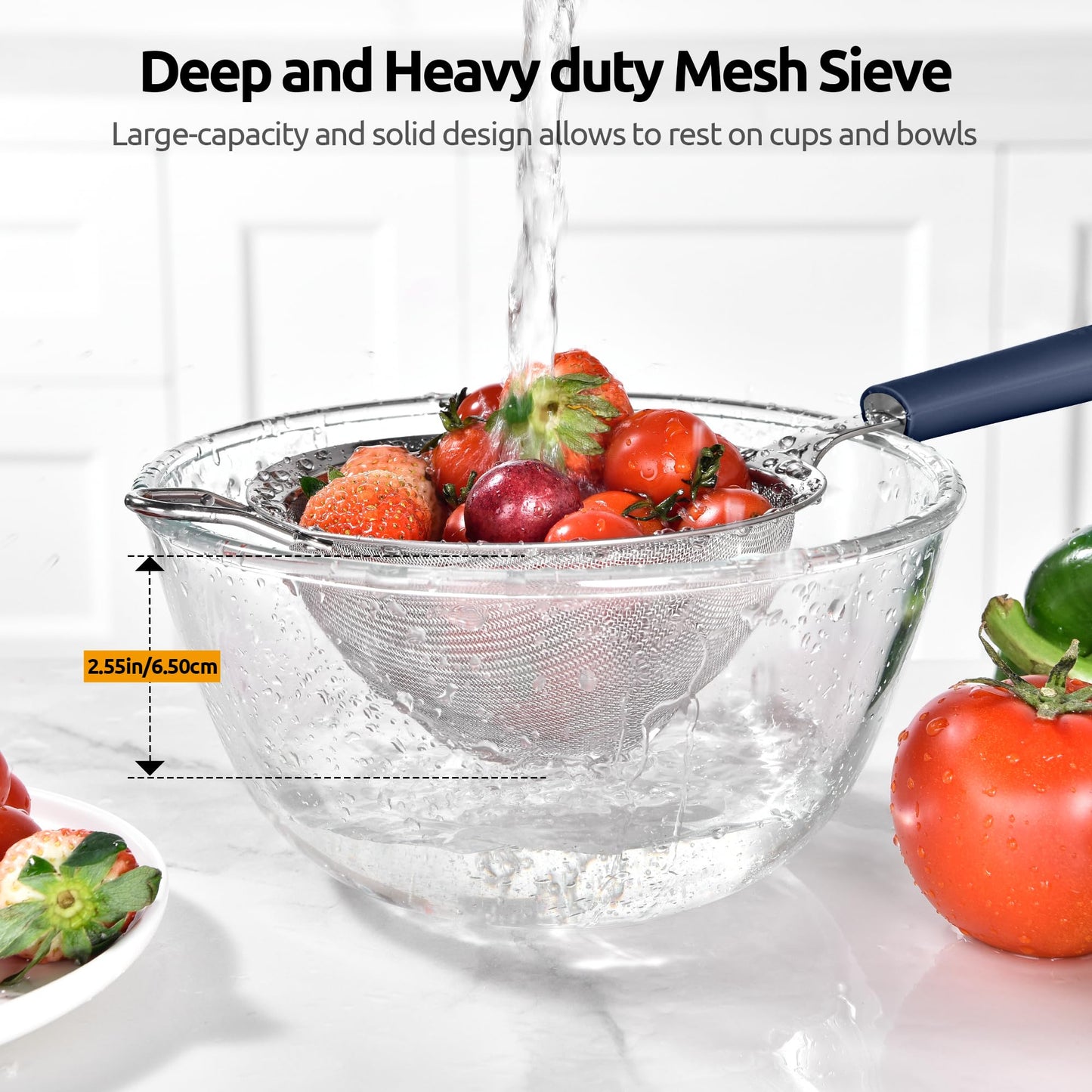 U-Taste Medium Fine Mesh Strainer: 18/8 Stainless Steel 4.73in 30 Mesh Kitchen Food Sieve with Sturdy Riveted Silicone Handle, Heavy Duty Deep Handheld Metal Colander for Rice, Quinoa(Midnight Blue)