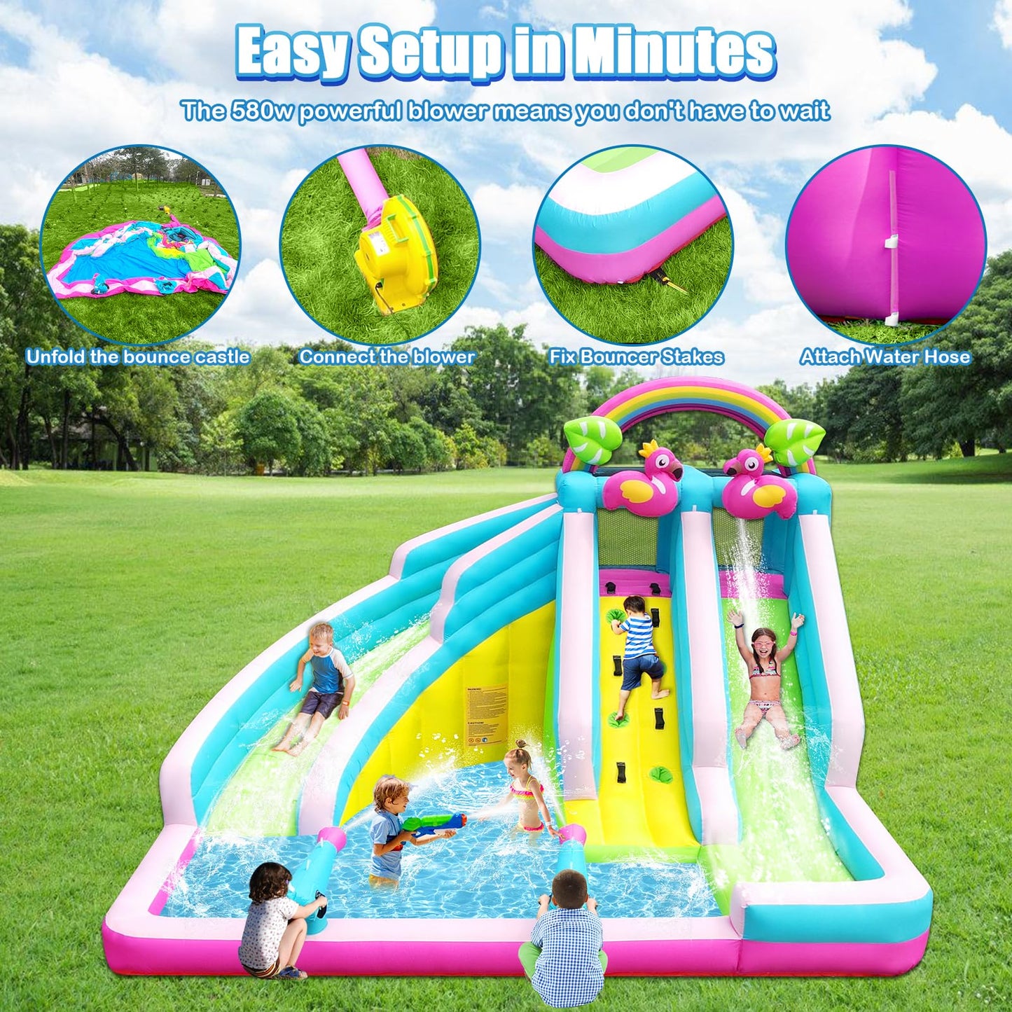 Inflatable Water Slide, 6 in 1 Blow Up Water Park Aged 3-10, Flamingo Style Water Bounce House with Double Long Slides, Splash Pool, 580W Blower Waterslide for Kids and Adults Backyard