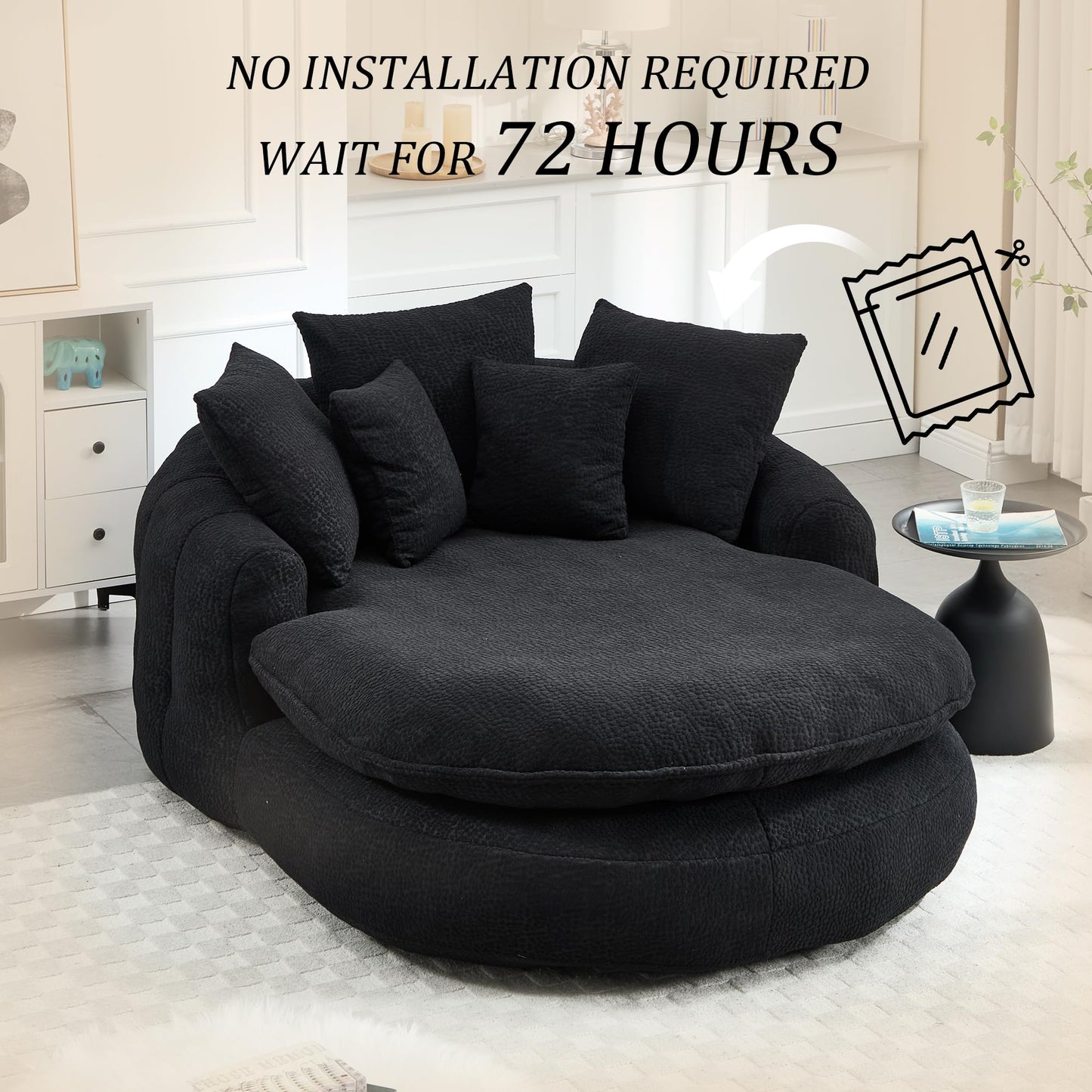 Oversized Oval Bean Bag Sofa, Chenille Fabric Floor Lounger with 5 Pillows and Wrap-Around Backrest for Adults, Large Lazy Sofa for Living Room and Game Room, Black