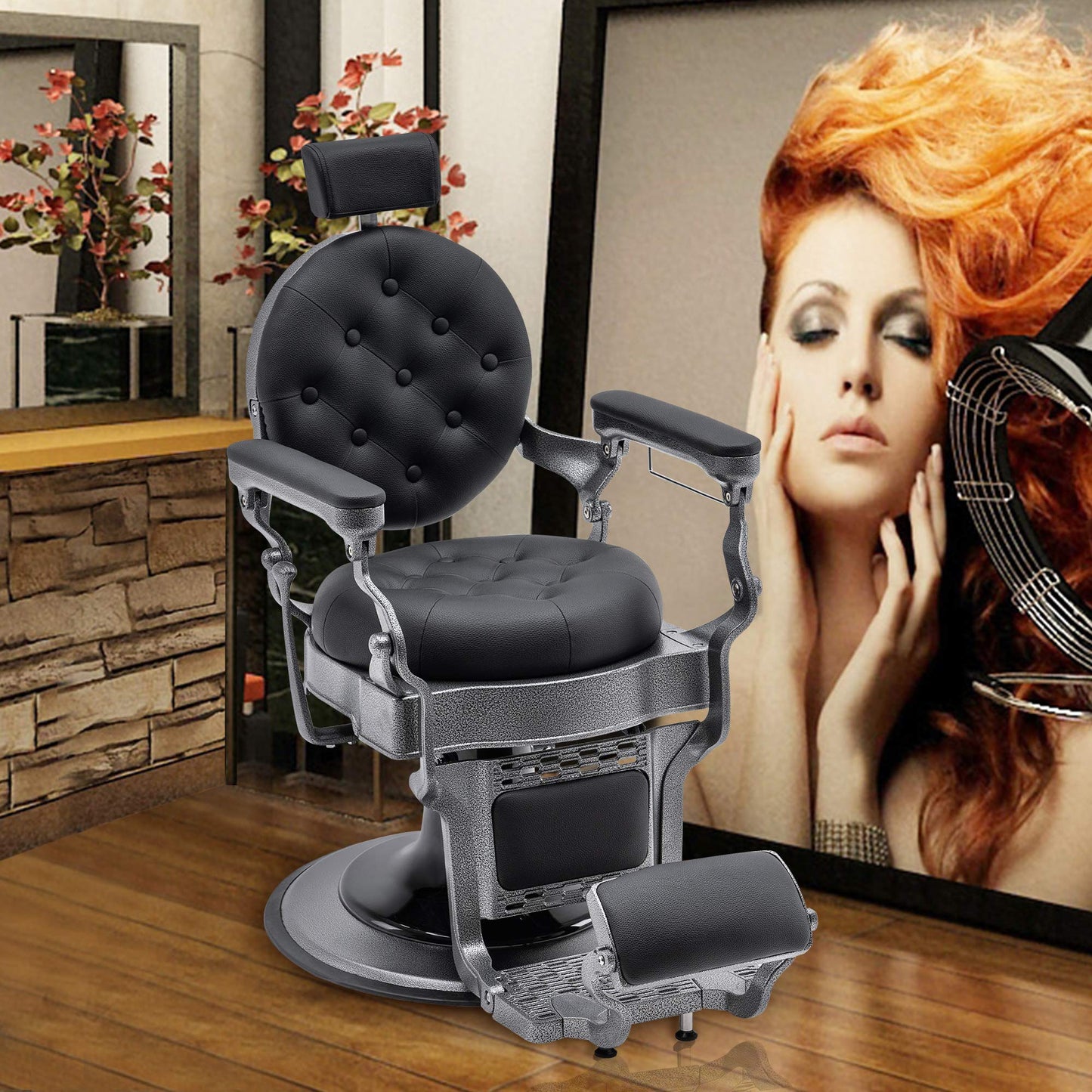 BarberPub Vintage Barber Chair Heavy Duty Metal Frame All Purpose Hydraulic Recline Salon Beauty Spa Equipment 2947 (Black with Grey Frame)