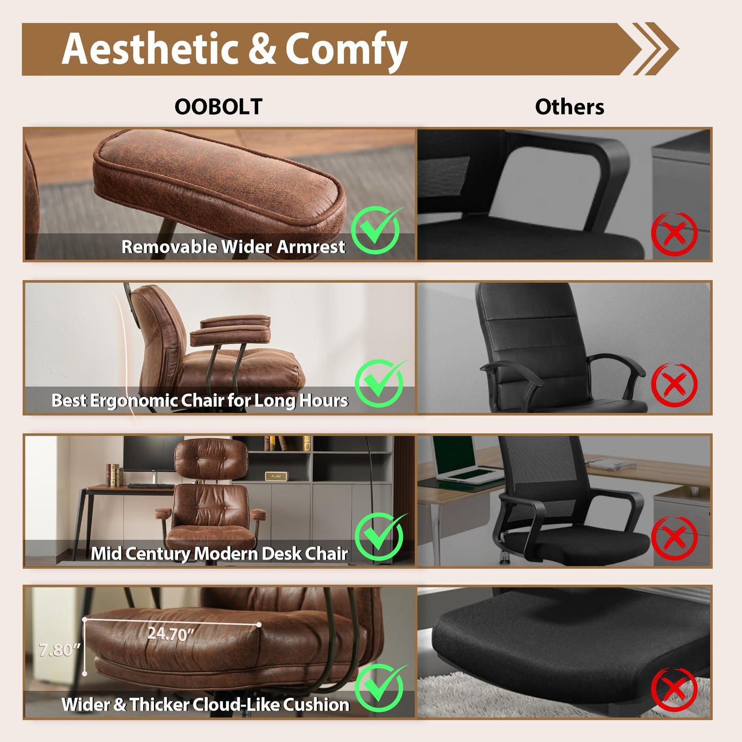 Home Office Chair,Ergonomic Computer Chair with Lumbar Support Adjustable Height,Mid-Century Modern Office Chair with Rolling Swivel Chair for Home Office Game Study(Suede Leather Chair,Dark Brown)