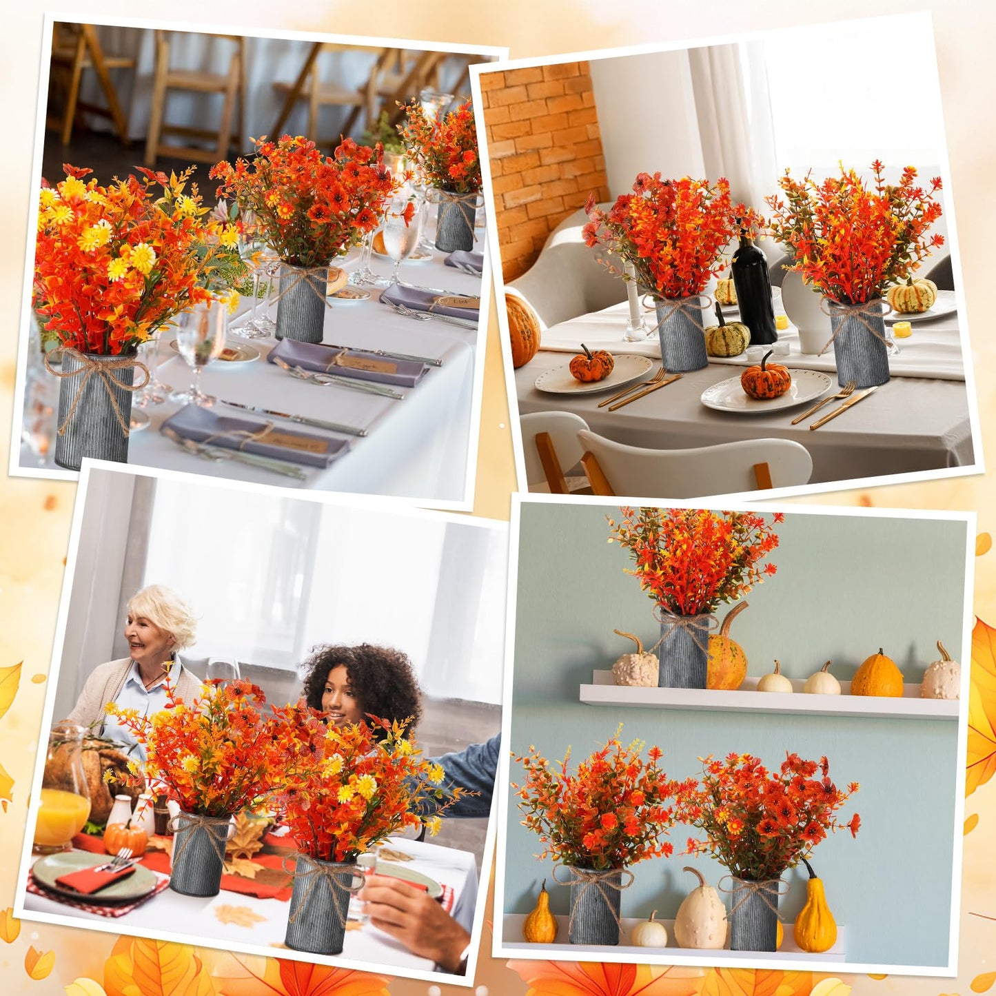 Zeyune 6 Sets Artificial Fall Thanksgiving Centerpiece for Tables Faux Fall Plants with Galvanized Pots Farmhouse Artificial Orange Autumn Flowers Bouquet for Wedding Home Office Rustic Decor