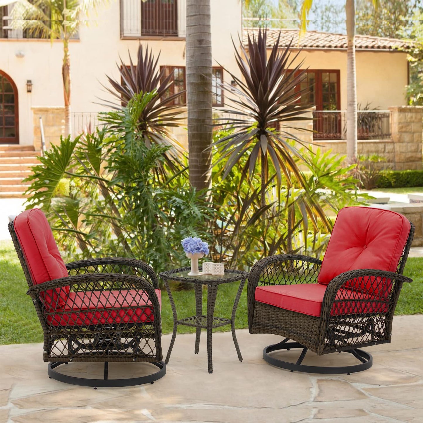 MELLCOM 3 Pieces Patio Furniture Set, Outdoor Swivel Rocker Patio Chairs, Wicker Patio Bistro Set with Rocking Chair, Thickened Cushions and Glass Coffee Table for Backyard, Garden, Wine Red