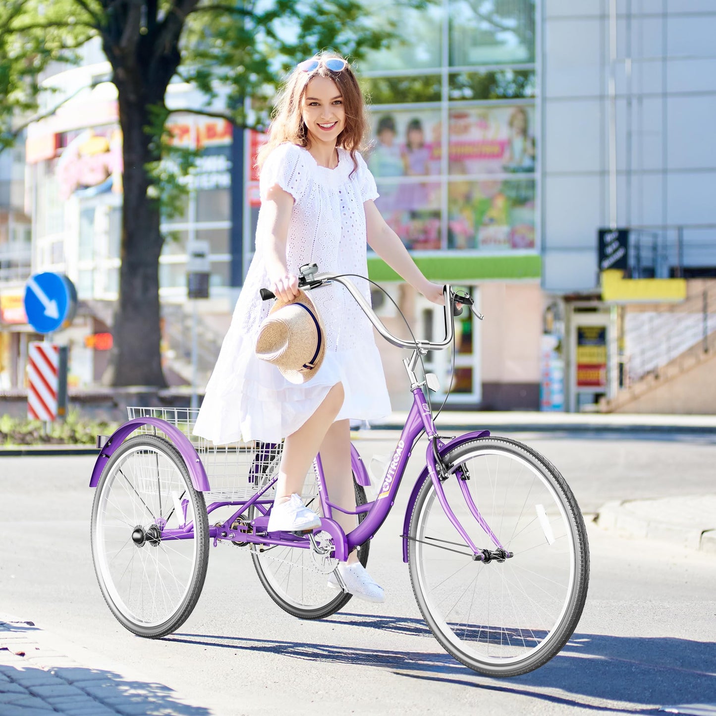 Max4out Adult Tricycle with Large Basket 24/26 Inch, Stable 3-Wheel Cruise Bicycle for Shopping, Beach and City Trike Perfect for Men, Women, Seniors, 26 Purple