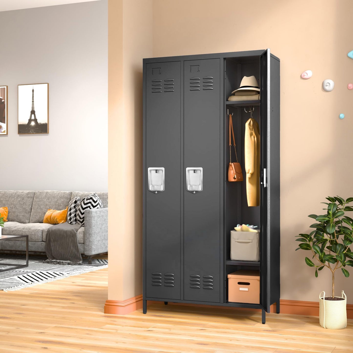 BIZOEIRON 3 Doors Locker Storage Cabinet, Metal Locker for Employees, 72" Tall Lockers for Office School Gym Home, Require Assembly (Black)