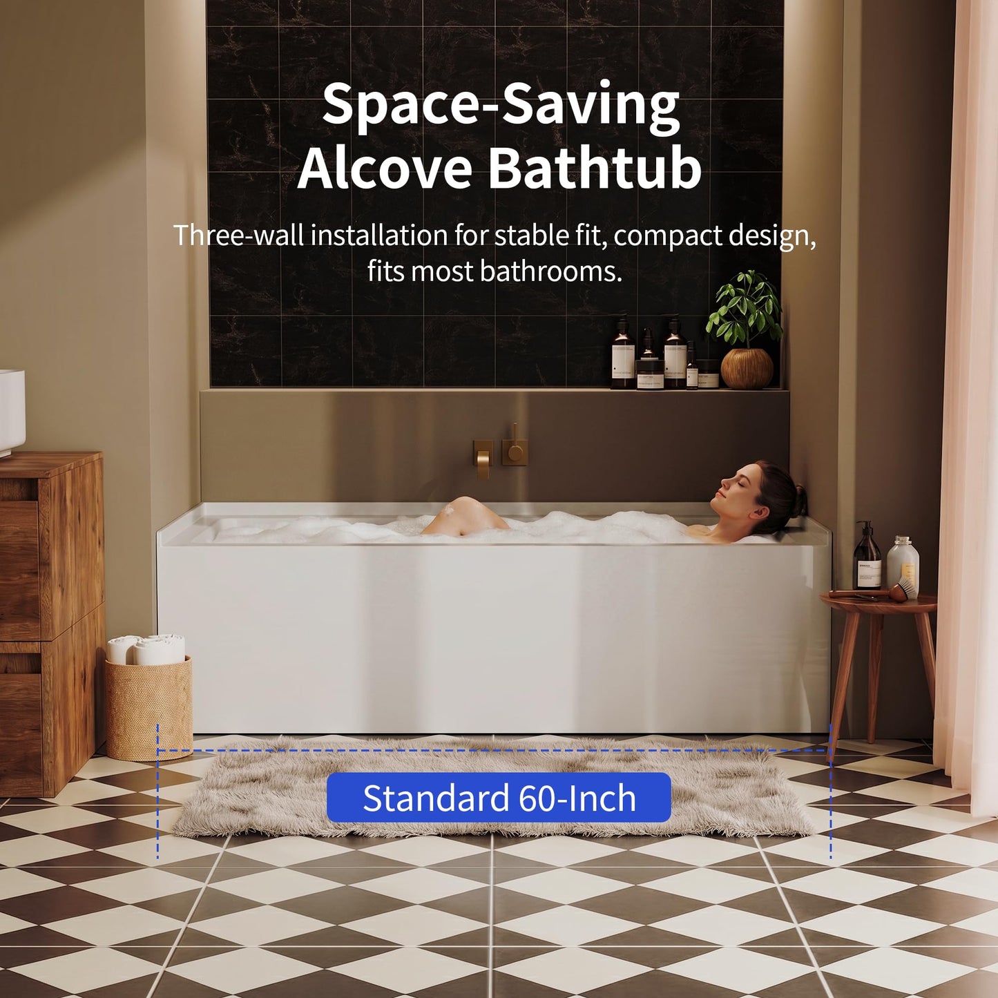 DeerValley 60" x 30" Alcove Acrylic Bathtub, Left Drain Integrated Apron Soaking Bath Tub, Ergonomic Deep Soak Tub with Pop-Up Drain and Integrated Overflow System, White, DV-1T0195L