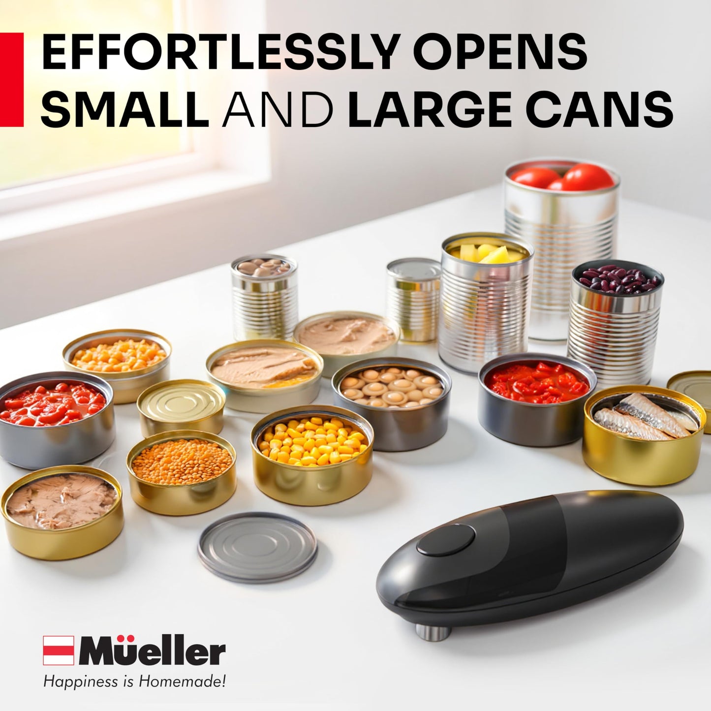 MUELLER HOME SmoothEdge Auto Electric Can Opener – Battery‑Operated One‑Touch w Magnet Lid Lifter – Portable Hands‑Free Automatic Can Openers for Seniors & Arthritis, Smooth‑Edge Cut Technology, Black