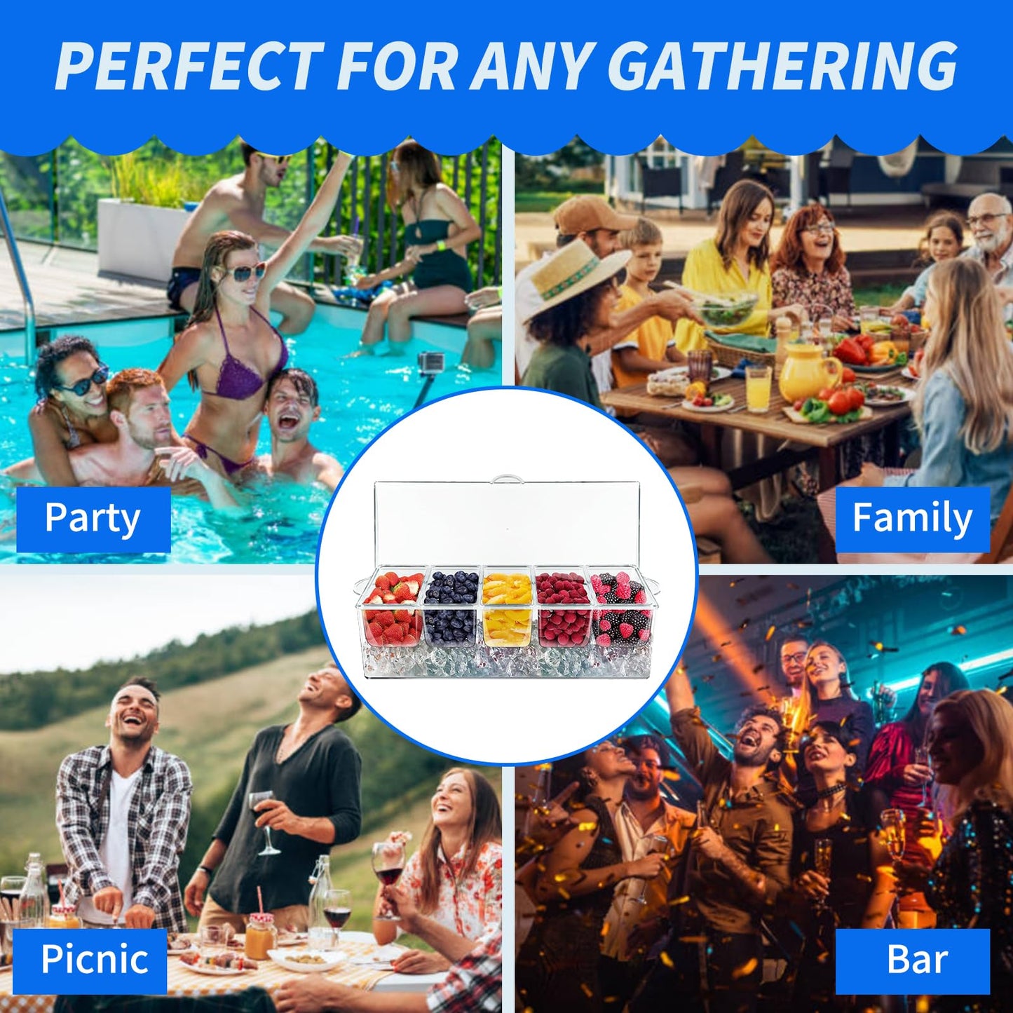 Large Ice Chilled Condiment Caddy,Chilled Condiment Containers Server with Lids for 5 Removable Compartments (2.5 cup),Serving Platters, Fruit & Garnish Tray for Party Supplies & Bar Accessories