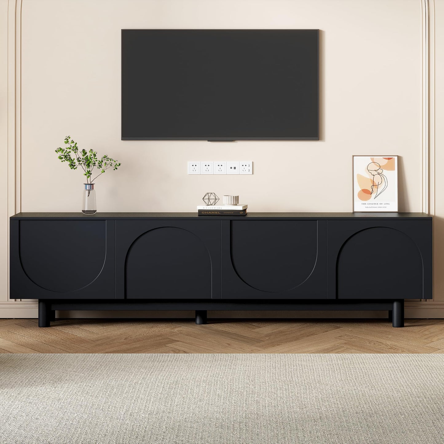Merax Modern TV Stand with Arch Cabinets, Solid Wood Legs & Adjustable Shelves | Entertainment Center with Cable Management for Living Room, Black