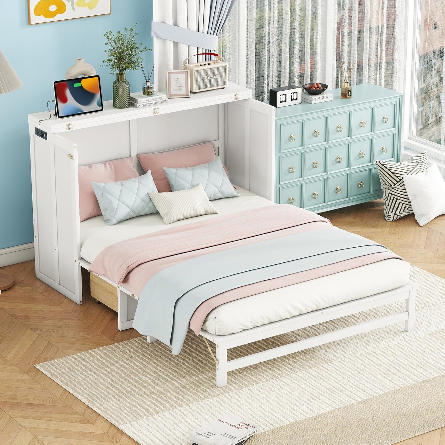 PVWIIK Queen Size Murphy Bed with Drawer for Bedroom/Living Room/Small Space,Cabinet Bed Frame/Space Saving Design, No Box Spring Needed,White