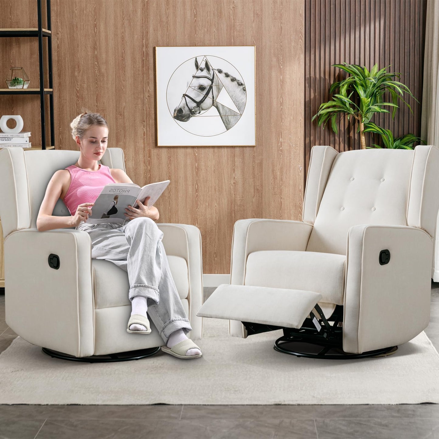 CANMOV Swivel Rocker Recliner Chair Set of 2, Nursery Glider Chair, Nursery Rocking Chairs, Manual Reclining Chair, White
