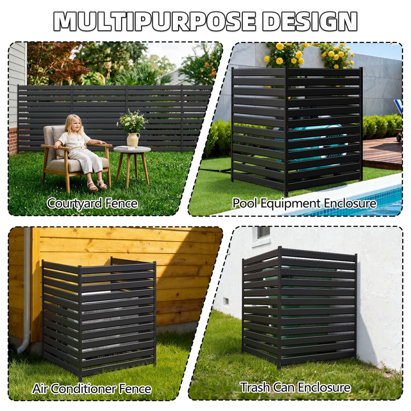 63" H×38" W(1 Panels) No Dig Metal Privacy Fence Panels for Air Conditioner Units, Can Also Hide The Pool Equipment, Black Outdoor Rustproof Trash Cans Privacy Screen