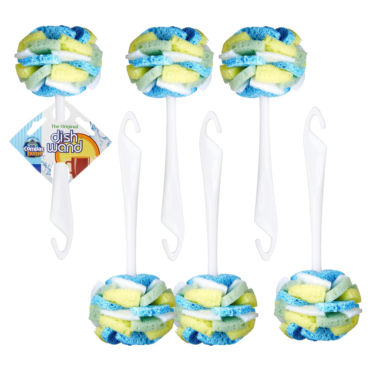 Compac Home Dish SpongeWand Plus Tri Surface Scrubbing Sponge with Cello Foam Scour Sponge Petals, Cleans Dishes, Glassware 360 Scrubber Pads for Tough to Clean Pots Pans, Multi-Color, (Pack of 6)