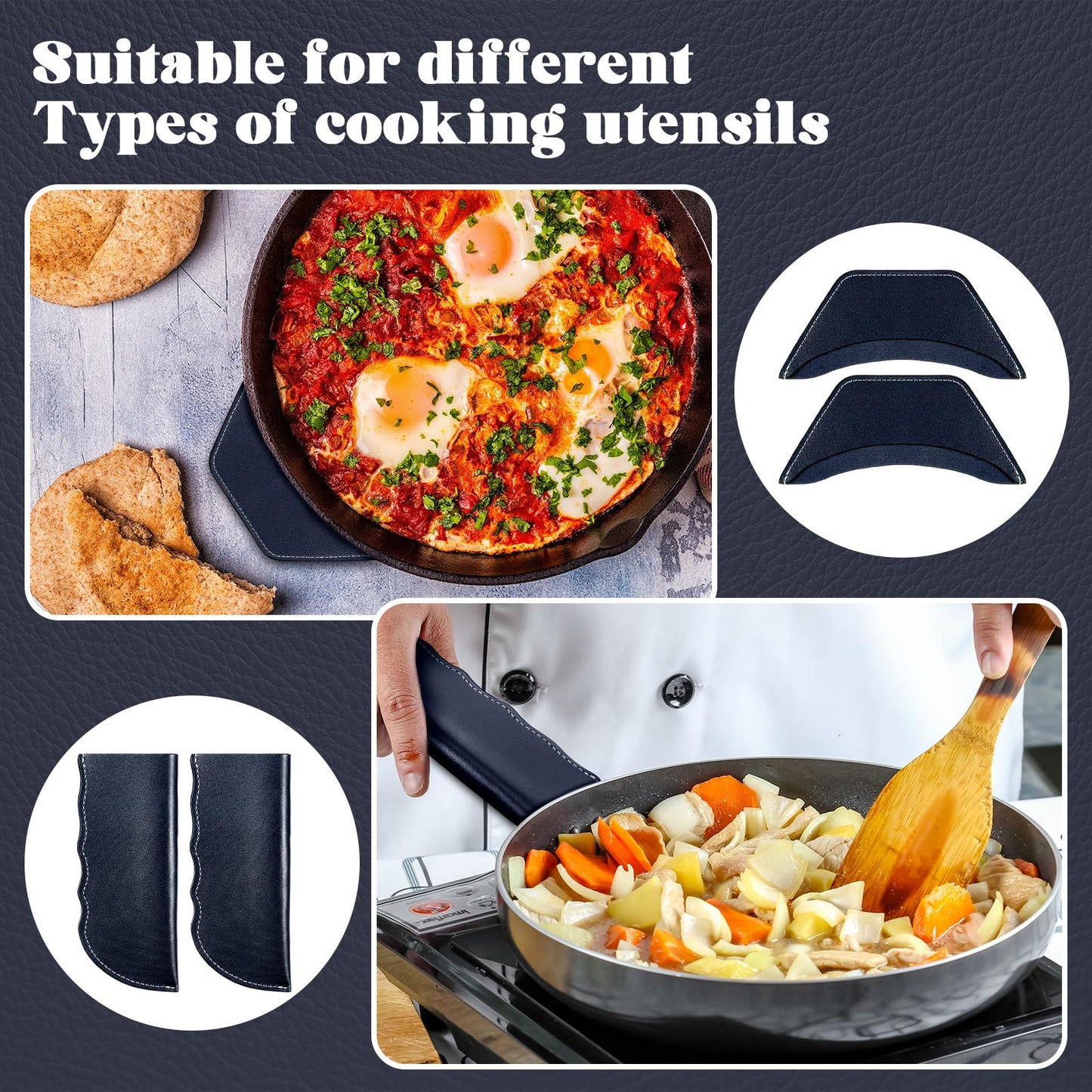 Baderke 4 Pcs Leather Cast Iron Handle Cover Handmade Leather Heat Resistant Skillet Handle Set Pot Holder for Hot Frying Pans, Pots(Blue)