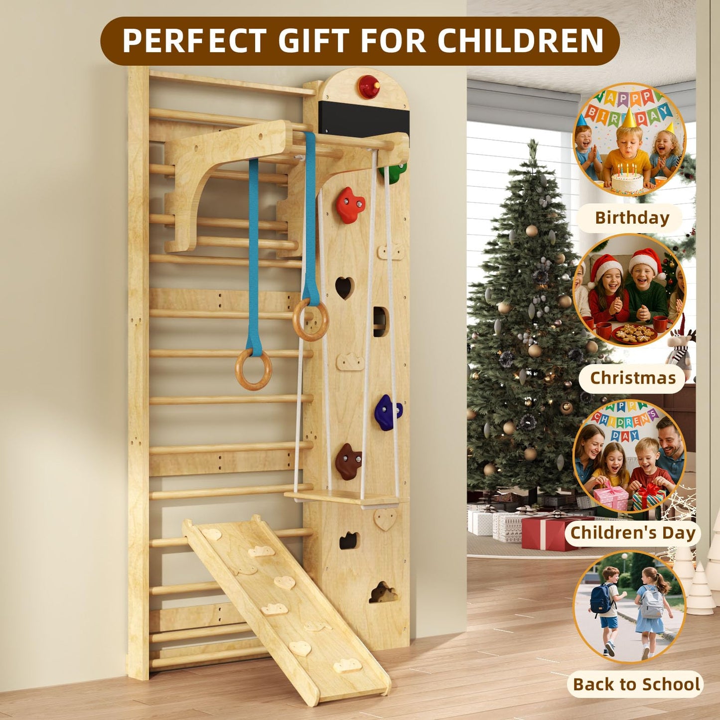 Swedish Ladder 7-in-1, Indoor Wooden Playground, Rock Climbing Wall for Kids and Adults, Kids Indoor Playset, Wooden Jungle Gym, for All Levels and Abilities