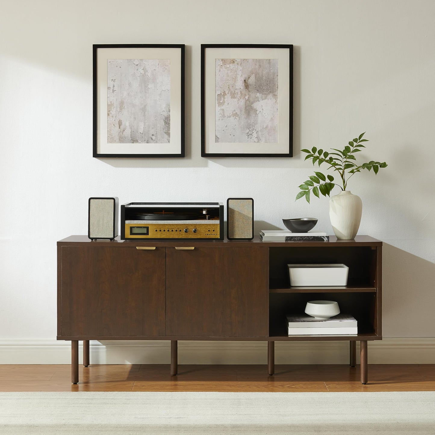 Crosley Furniture Brody Vinyl Record Storage Sideboard, Modern Media Console and Cabinet with Shelves, Brown