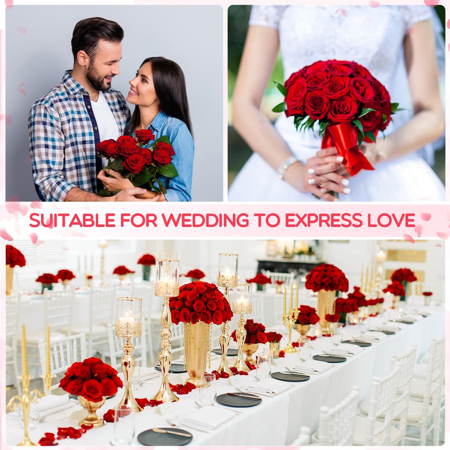 Riceshoot 500 Pcs Artificial Silk Roses Flowers with Long Stem Bridal Wedding Bouquet Realistic Floral Bulks for Garden Home Party Gifts Favor Decoration(Red)