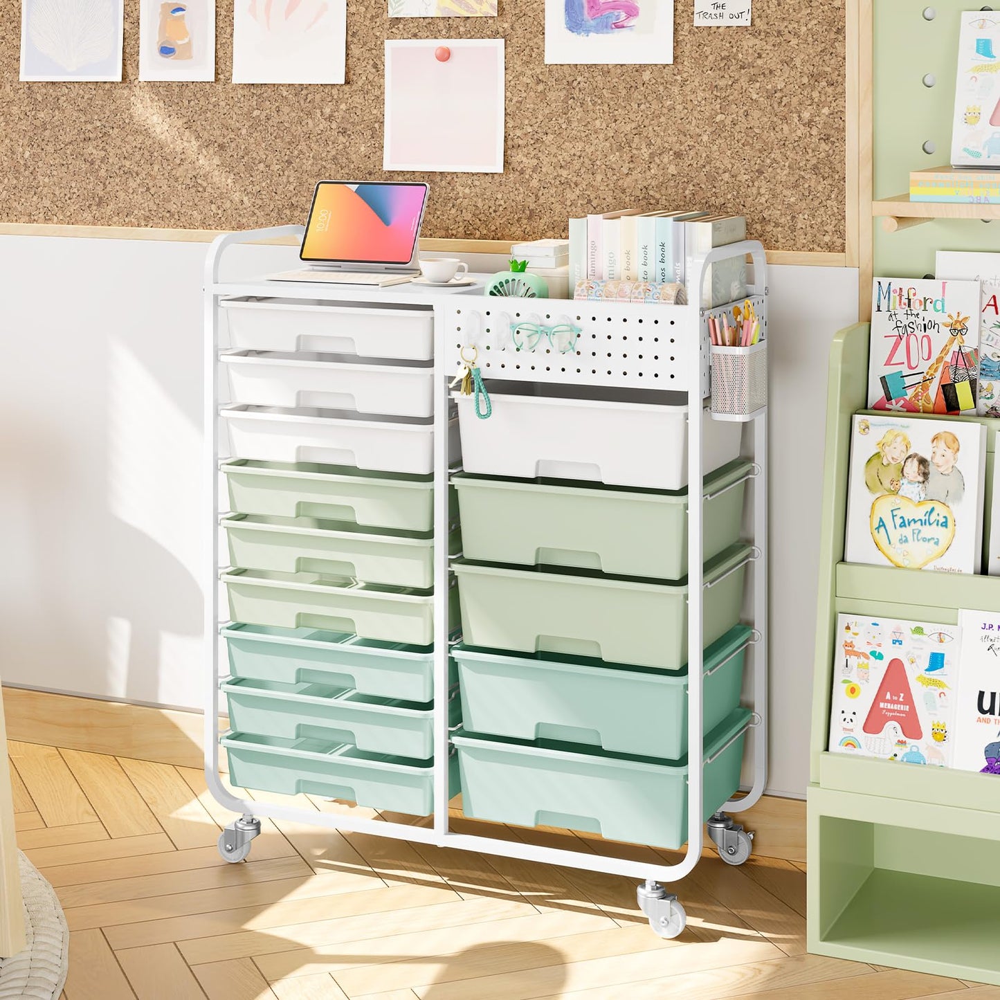 Rolling Storage Cart with 14 Drawers, Storage Organizer Cart with Tabletop and Pegboard,Utility Cart for Living Room, Classroom, Bedroom,Bathroom,Dorm,Office (Green)
