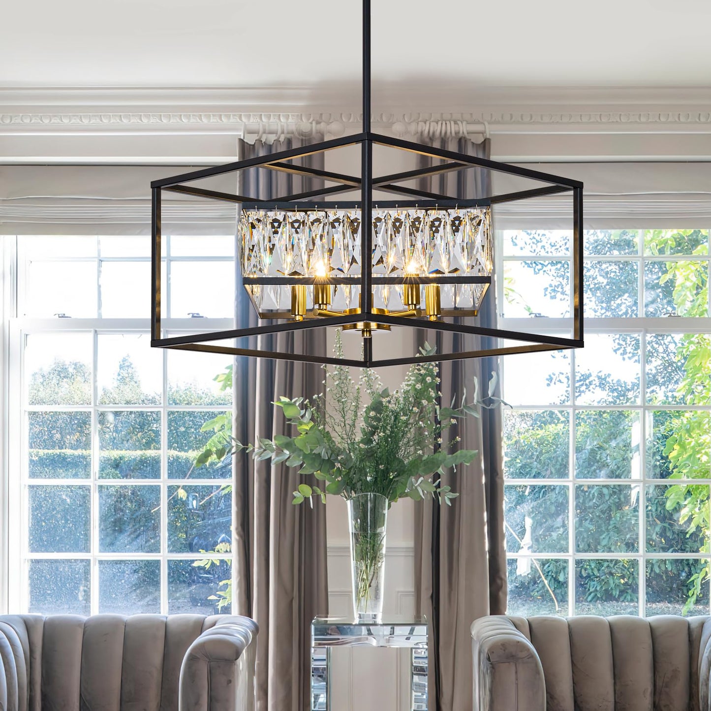 Vezzio Crystal Chandelier for Foyer Entryway,5-Light Black Modern Farmhouse Pendant Chandelier, Contemporary Hanging Light Fixture for Dining Room Living Room Bedroom Kitchen Island