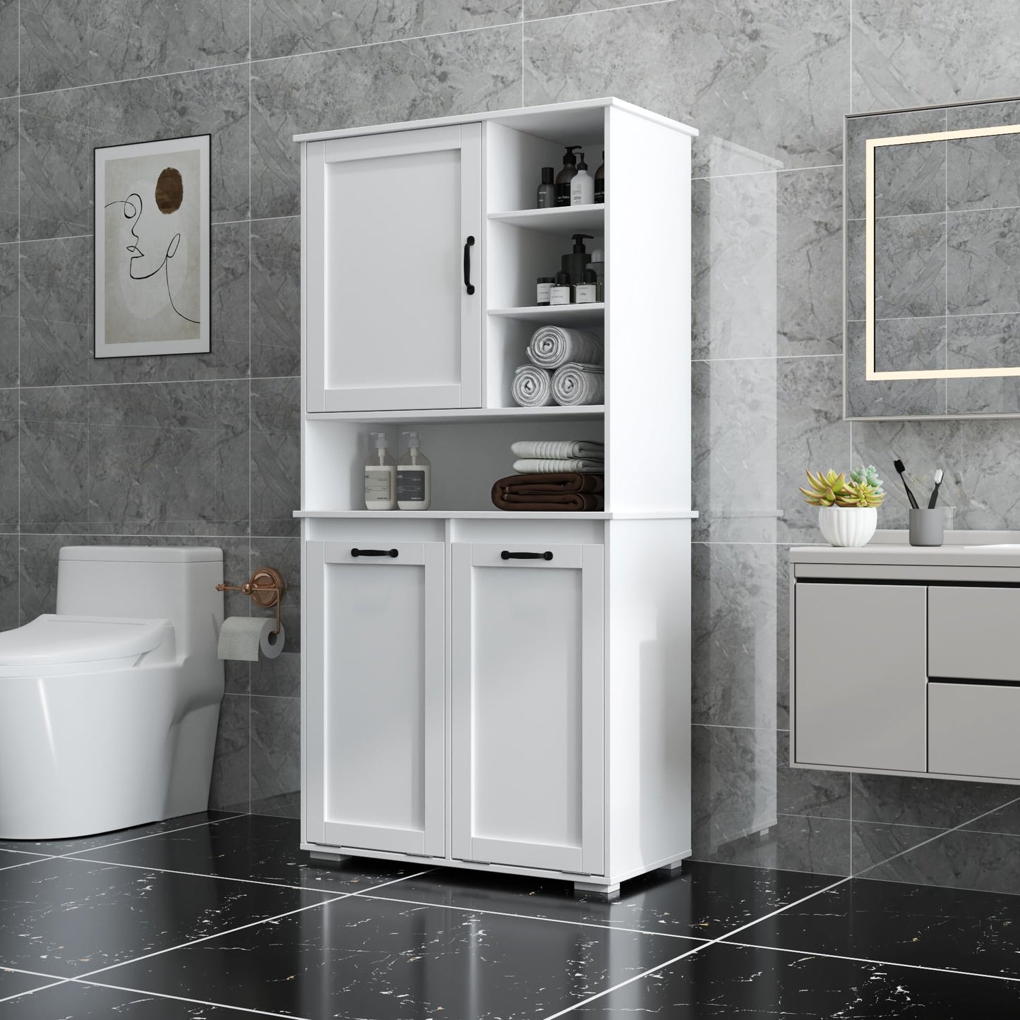 KEIKI 62.99'' H Laundry Cabinet with Doors and shelf, Tilt-Out Laundry Hamper, Multiple Storage Space, Freestanding Style, Open Shelve, Adjustable Shelf, White, (Style C)