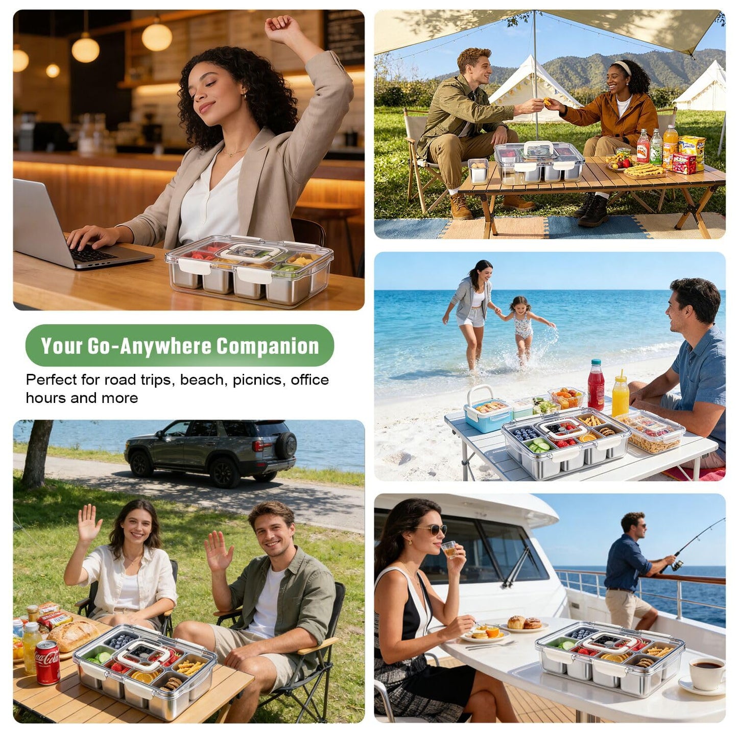 Snackle Box Container, 304 Stainless Steel Divided Serving Tray with Lid and Handle, Portable 4 Compartments Veggie Tray for Fruits,Veggies,Nuts &Candy, Dishwasher Safe for Travel,Picnic,Beach&Parties