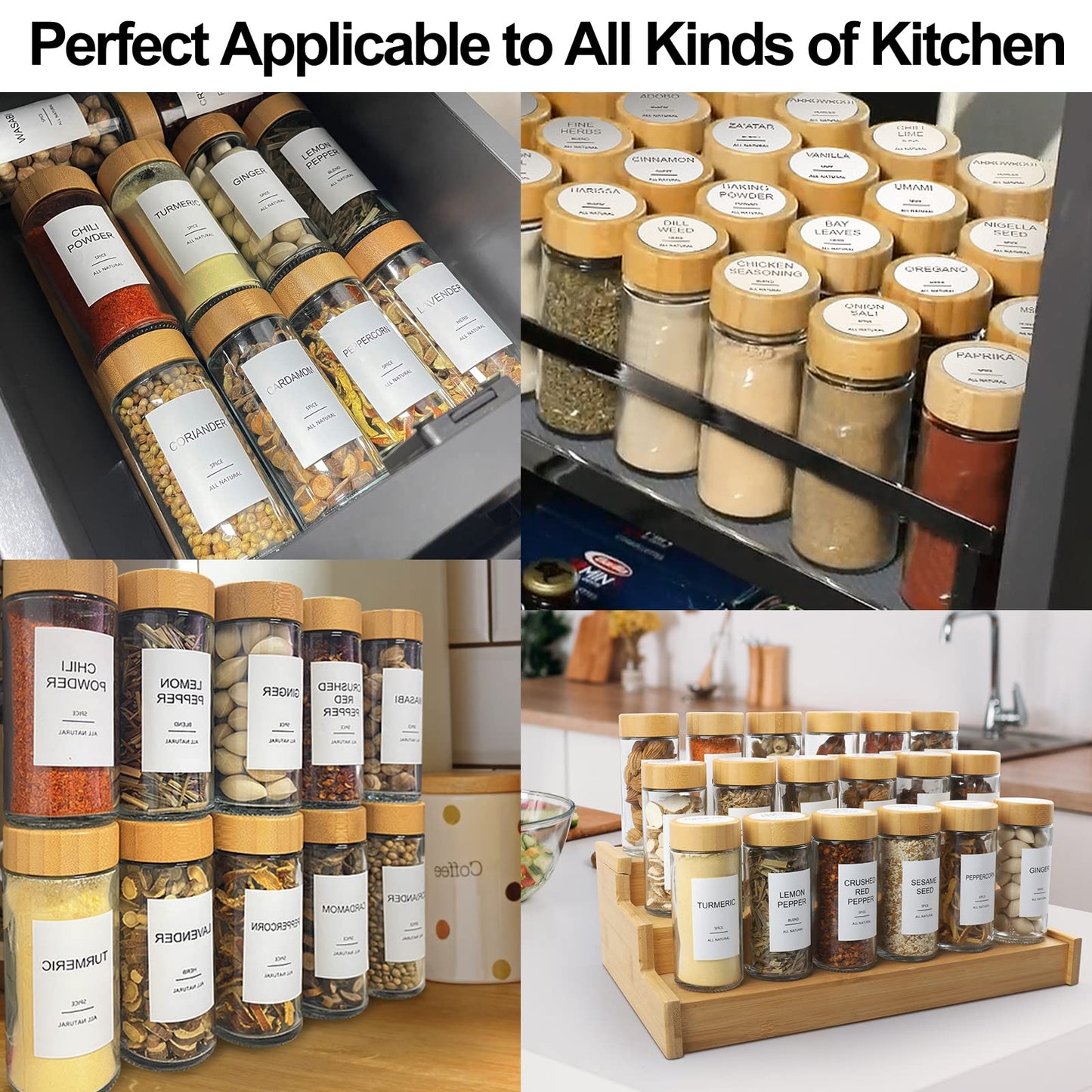 AISIPRIN Glass Spice Jars with 398 Labels-4oz 24 Pcs,Round Seasoning Jars with Bamboo Airtight Lids,Spice Container Set -Shaker Lids, Funnel,Brush and Marker Included