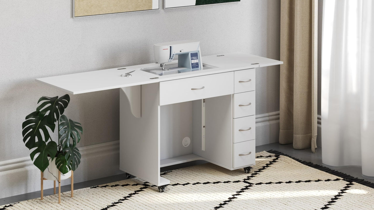 Arrow Classic Sewing Furniture Alice Compact Mid-Size Sewing Cabinet with Hydraulic Machine Lift, Drawers, Expandable Leaves, Locking Wheels - Ash White