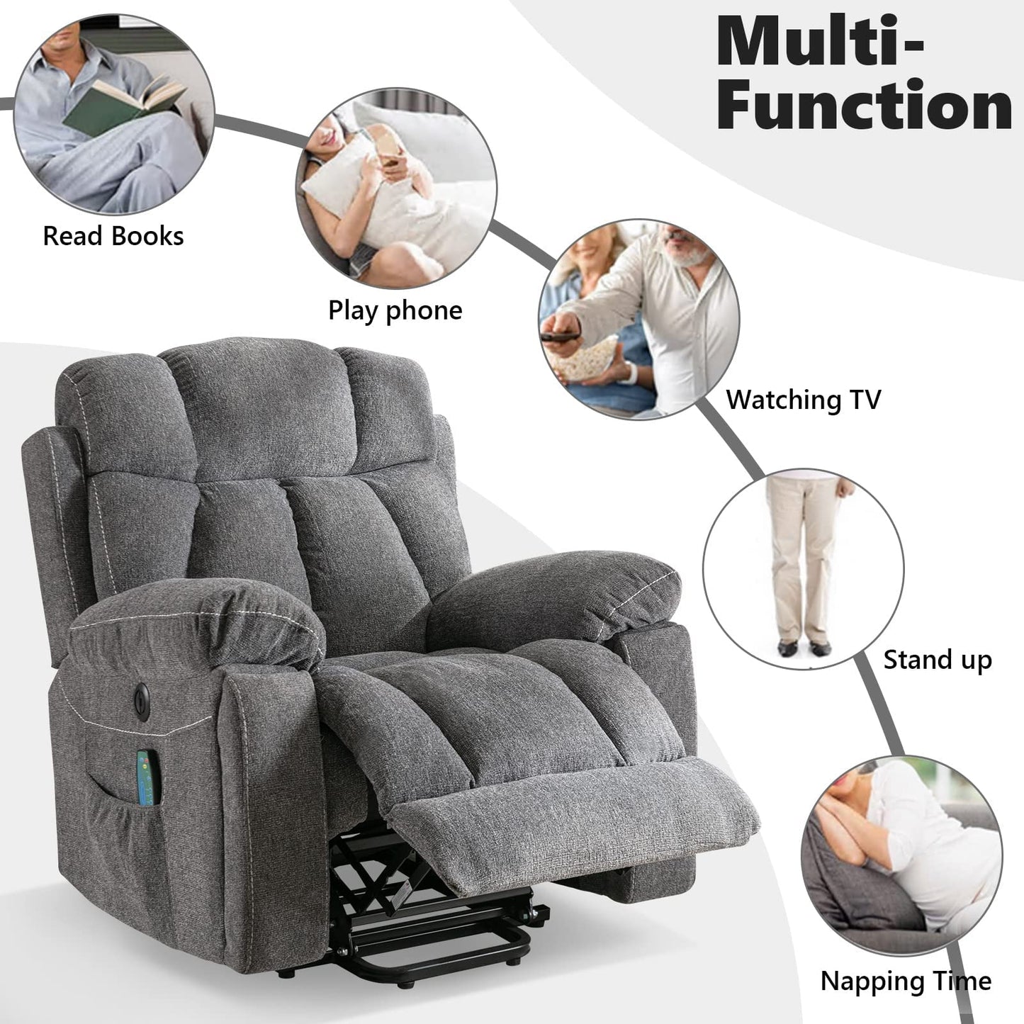 CANMOV Large Power Lift Recliner Chairs with Massage and Heat for Elderly Big People, Heavy Duty Motion Reclining Mechanism-Anti Skid Fabric Recliner Chair with 2 Concealed Cup Holders,Dark Gray