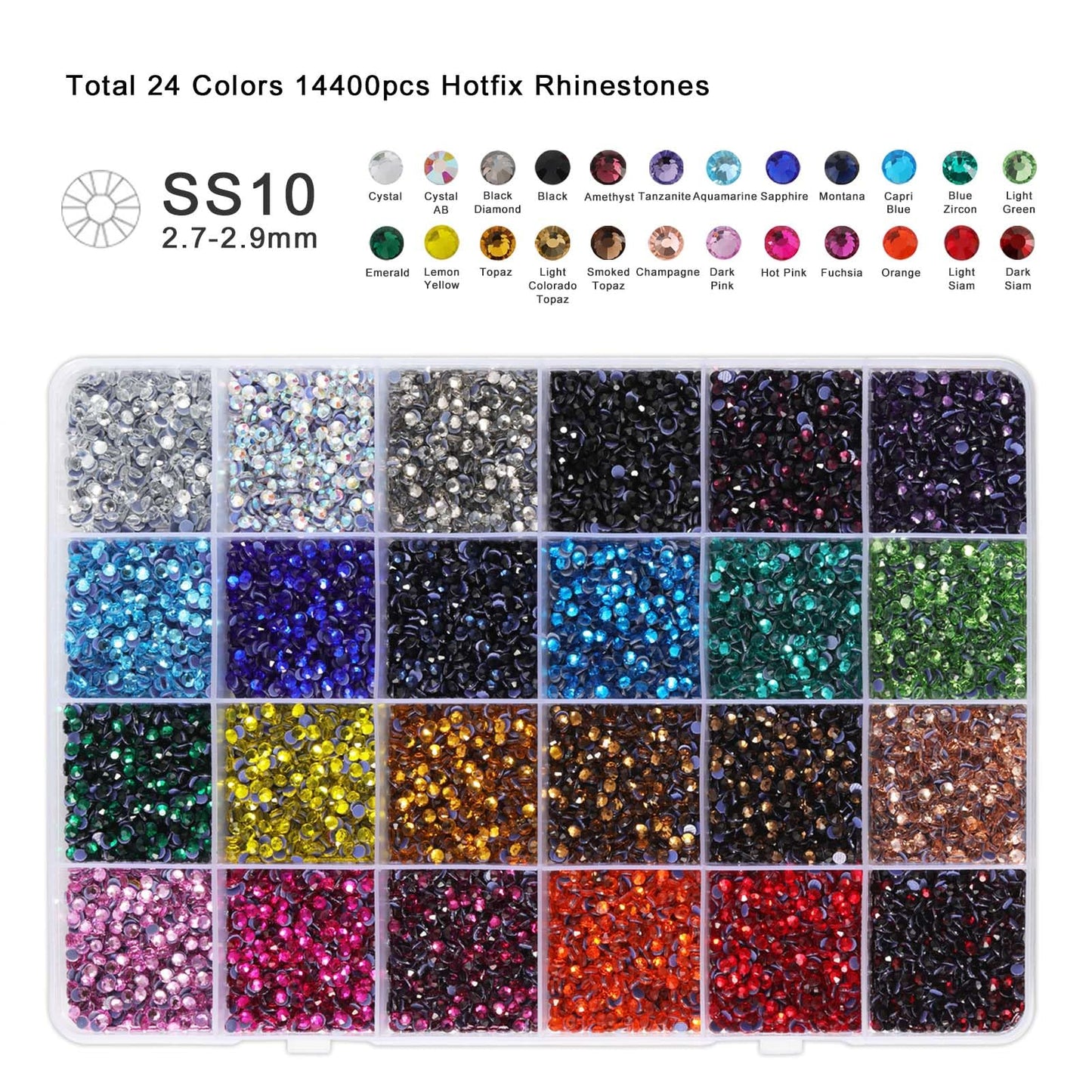BEADSLAND Hotfix Rhinestones Mixed 24 Colors, SS10 Rhinestones for Crafts Clothes, Hotfix Crystals with 1 Tweezers, 1 Wax Pencil and 1 Spoon