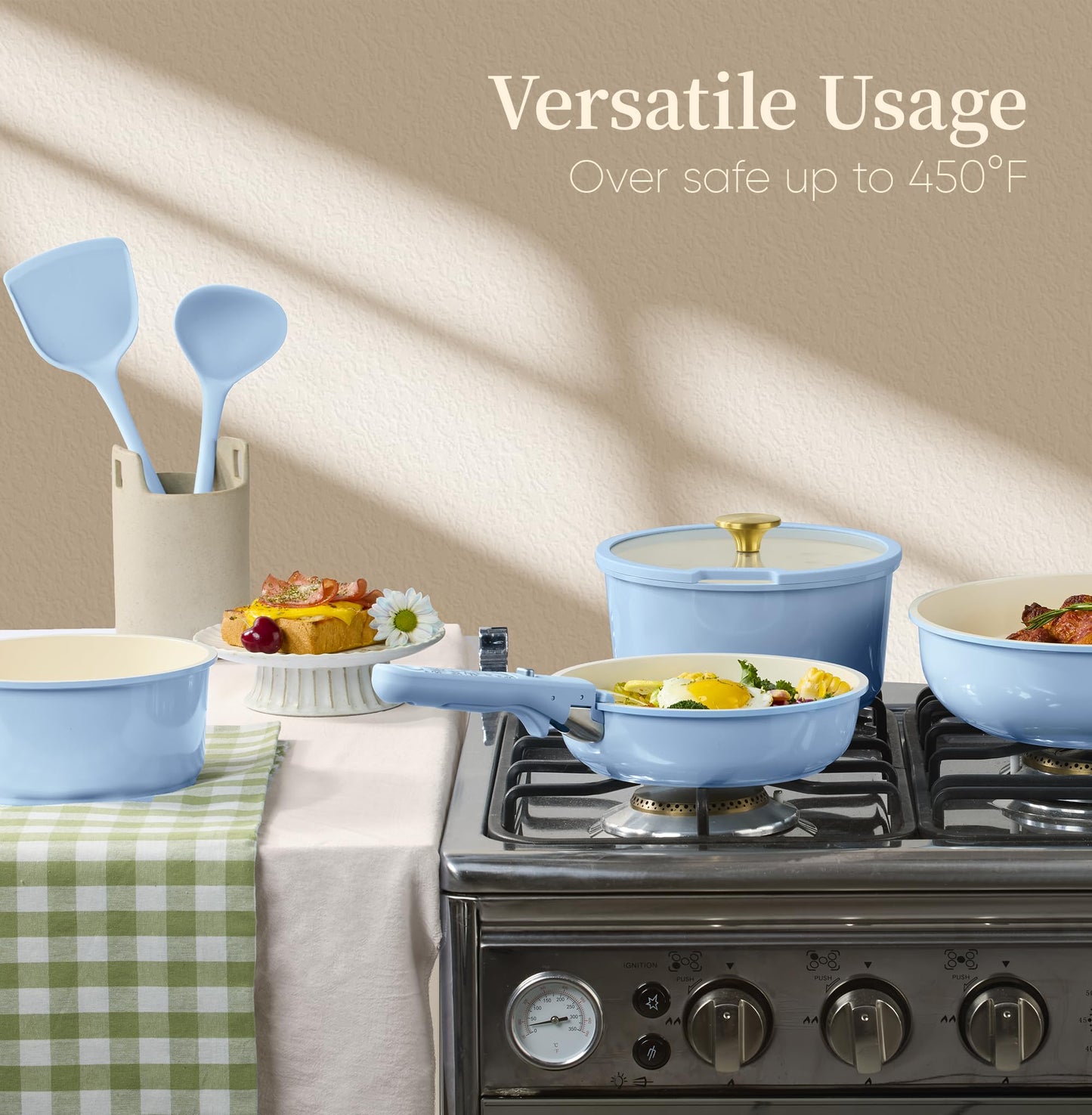 CAROTE 15Pcs Ceramic Cookware Set, Pots and Pans Set Non Stick, Kitchen Cooking Set with Detachable Handle, Non Toxic Induction Cookware, Dishwasher/Oven Safe
