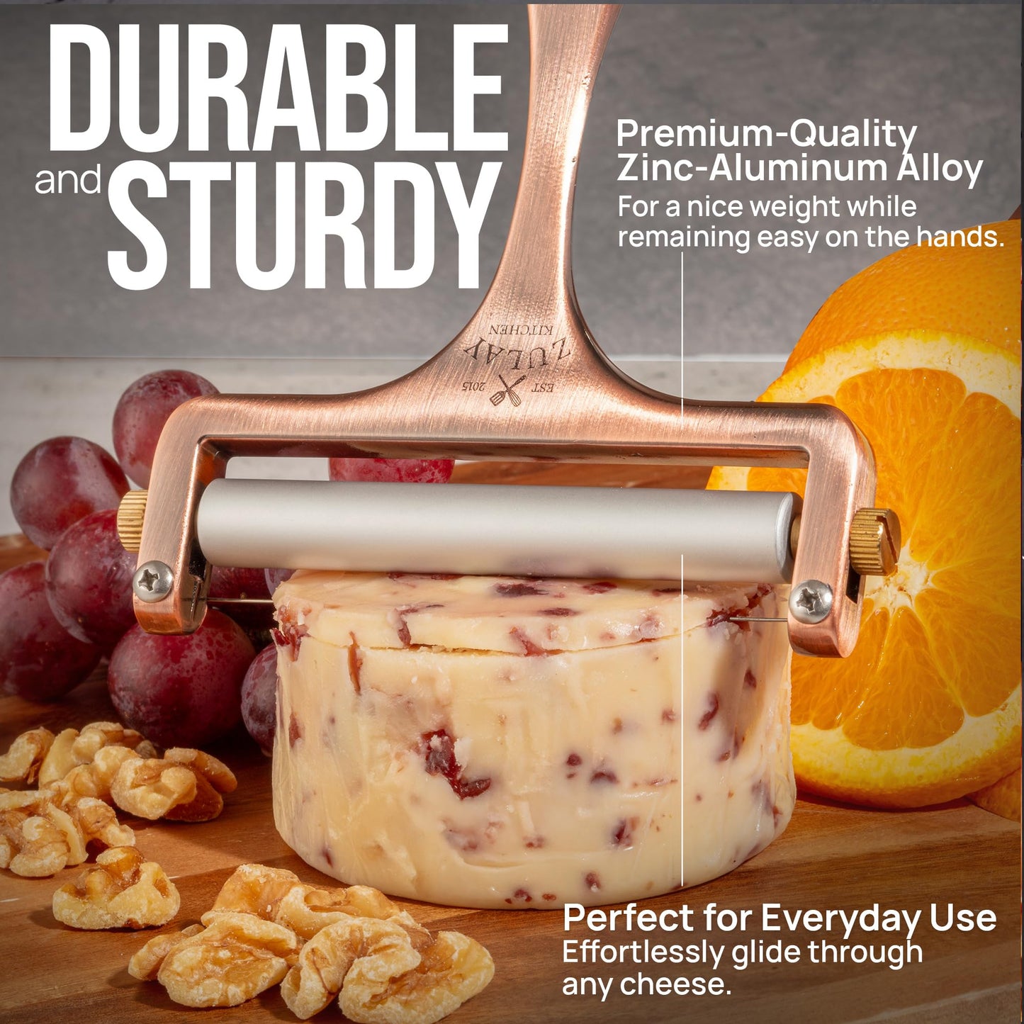 Zulay Adjustable Cheese Slicer - Wire Slicer For Mozzarella, Cheddar, Gouda - Heavy Duty With 2 Extra Wires (Copper)