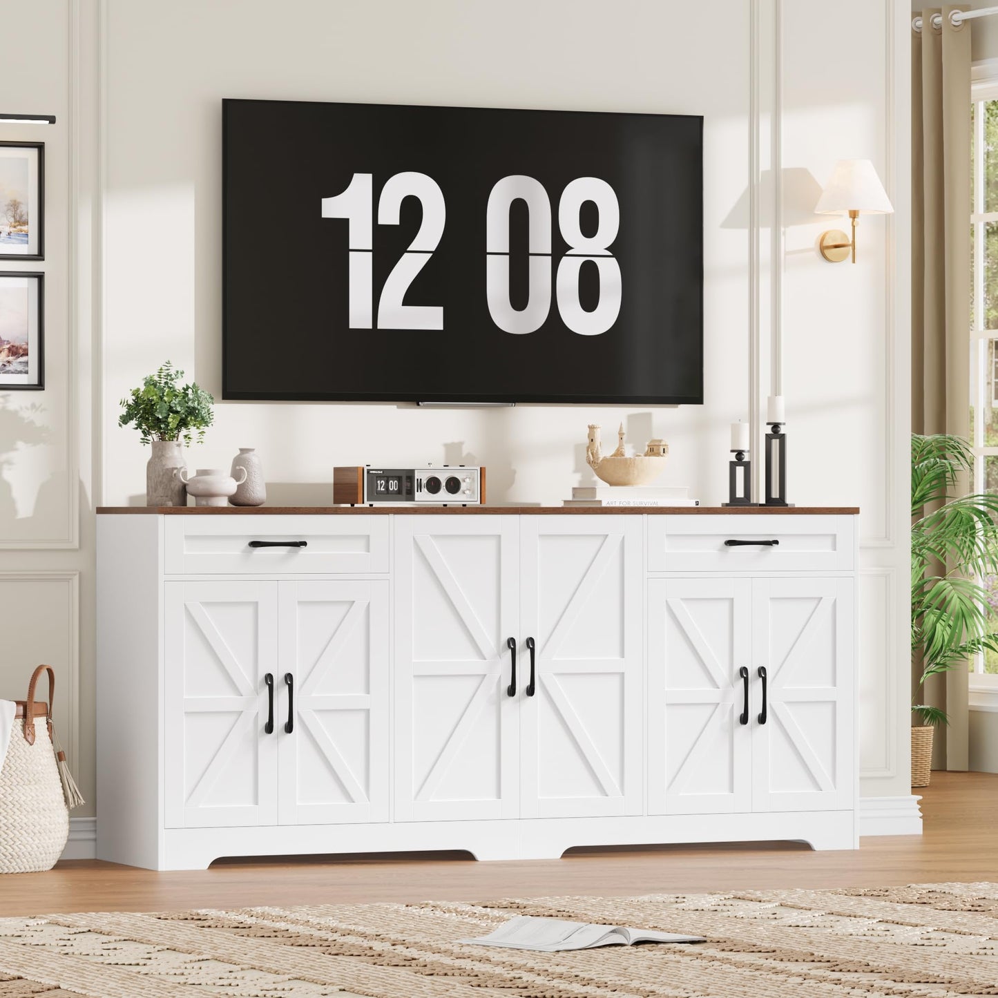 BOTLOG 71” Large Sideboard Buffet Cabinet with Storage, Farmhouse Kitchen Buffet Cabinet with Adjustable Shelves and 6 Barn Doors, Wood Coffee Wine Bar Console Table for Kitchen, Dining Room, White