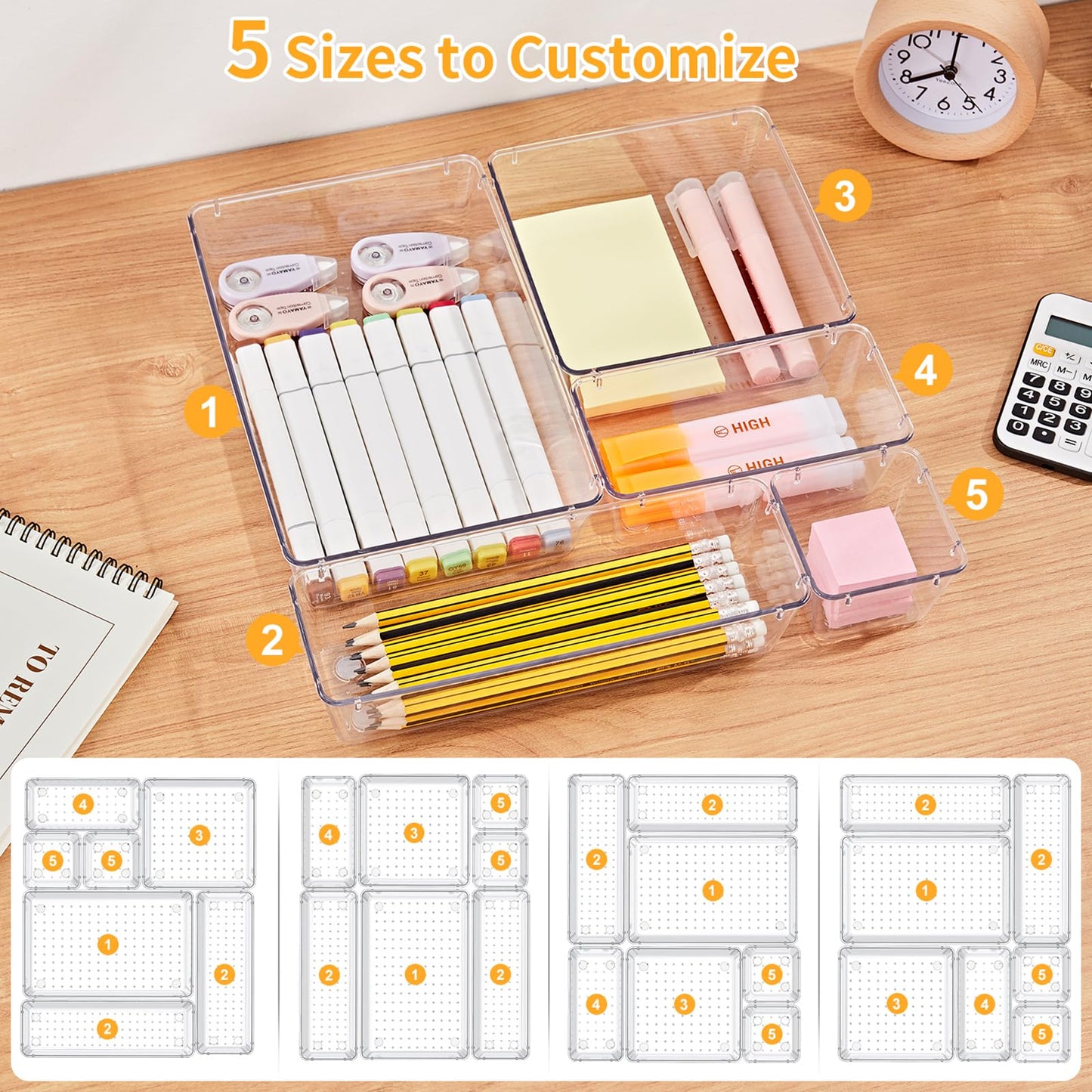 SMARTAKE 13-Piece Drawer Organizers with Non-Slip Silicone Pads, 5-Size Desk Bathroom Drawer Organizer Trays Storage Tray for Makeup, Jewelries, Utensils in Bedroom Dresser, Office and Kitchen, Clear
