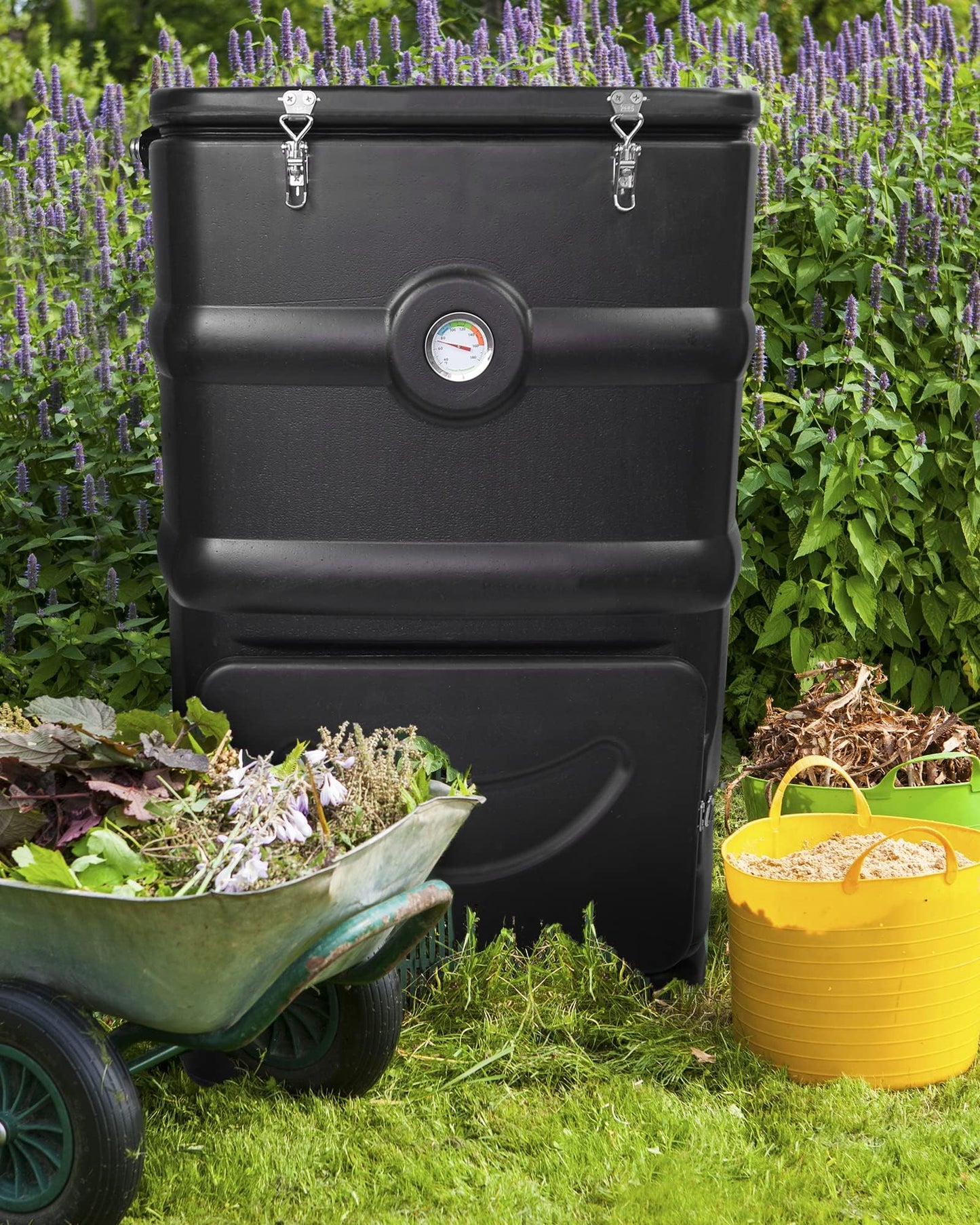EJWOX Insulated Compost Bin with Ventilation System - Quickly Composting All Year Round, A Reservoir at The Bottom Design to Collect The Leachate (30 Gal, Black)
