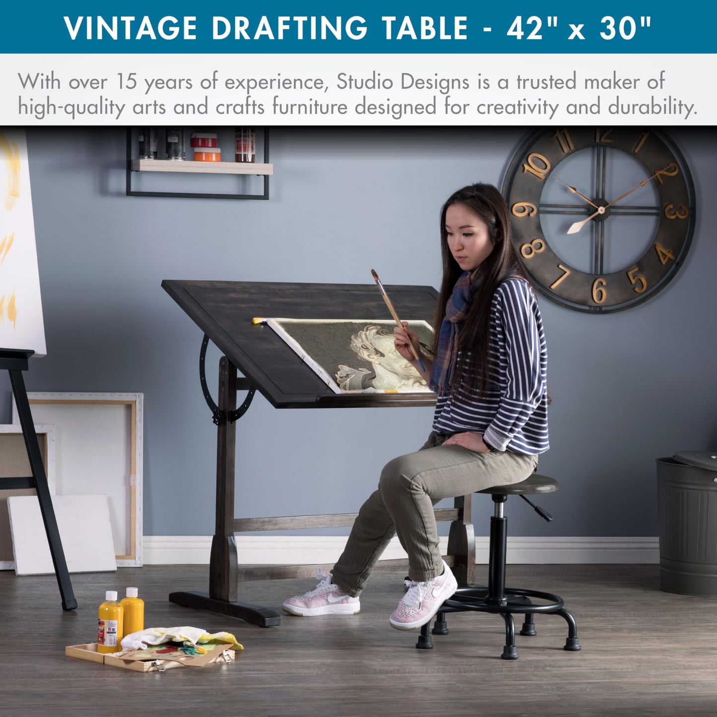 Studio Designs Vintage Drawing/Drafting Table with Pencil Ledge - 42" W x 30" D - Distressed Black - Adjustable Tilting Top
