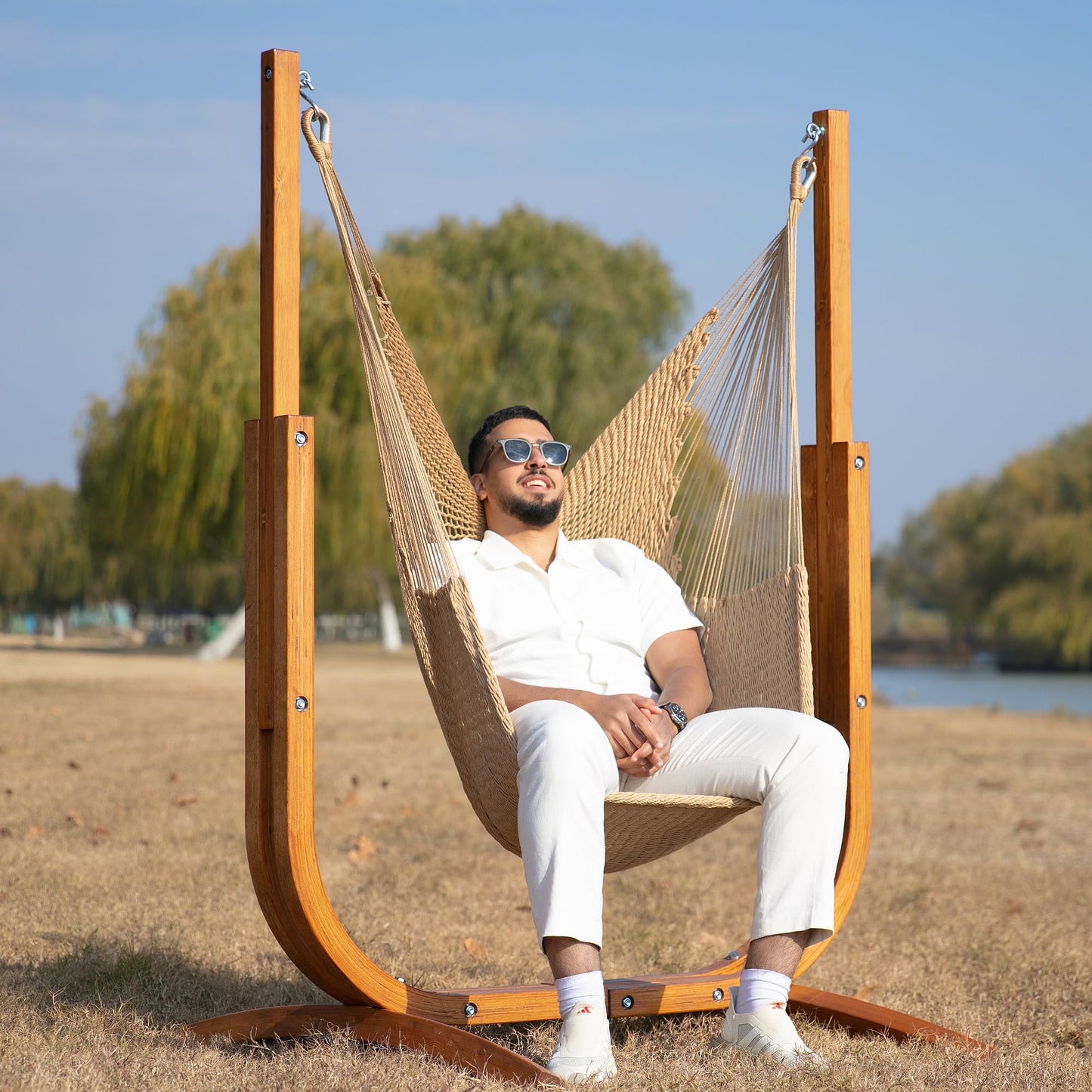 SANIWERKE® Hammock Chair with Stand, Caribbean Hammock Chair and Laminated Wooden Stand Combo, Sturdy Design, 400LBS Capacity, 70x50Inches, Jumbo Haven Lounger for Patio & Porch (Soft Tan)