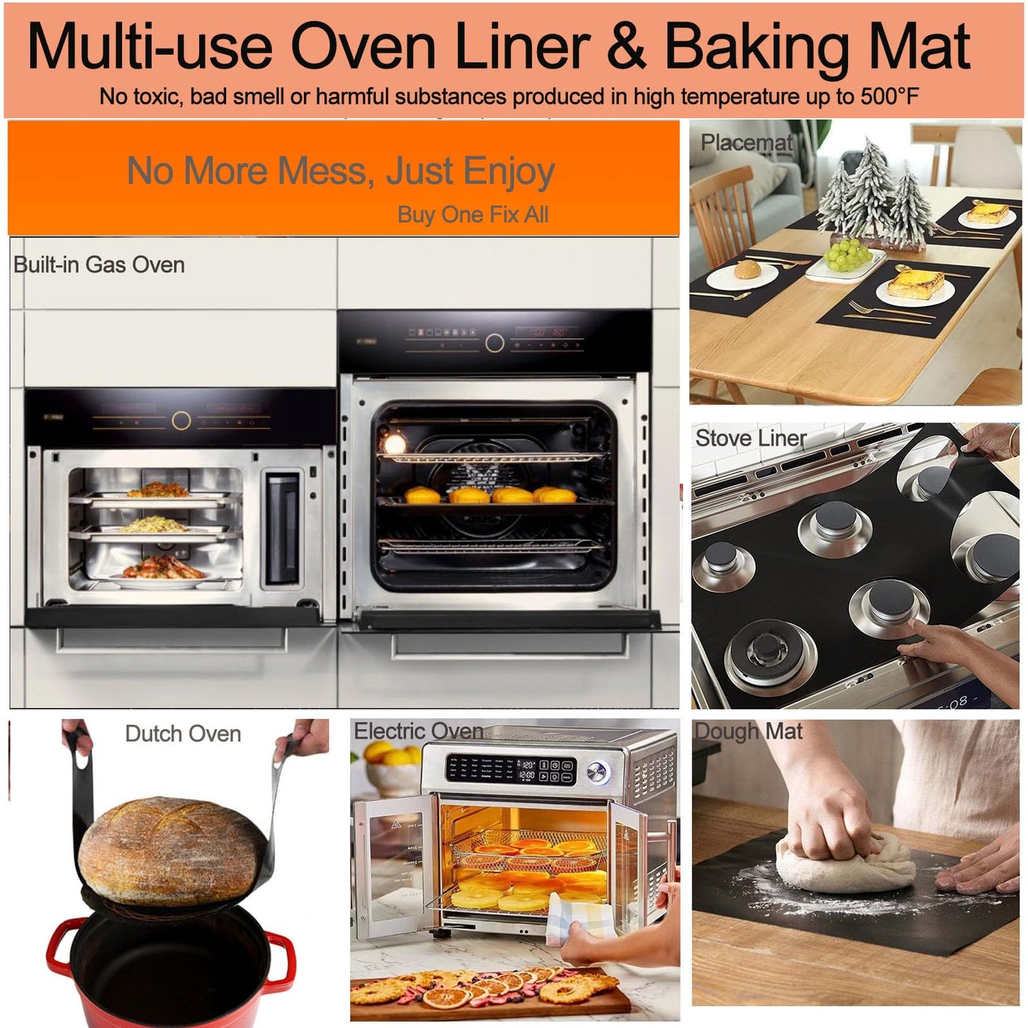 Oven Liners for Bottom of Oven, 16x24 inch Thick Heavy Duty Non Stick Teflon Oven Mats, BPA and PFOA Free Reusable Oven Liners for Bottom of Electric Oven (5 Pack)