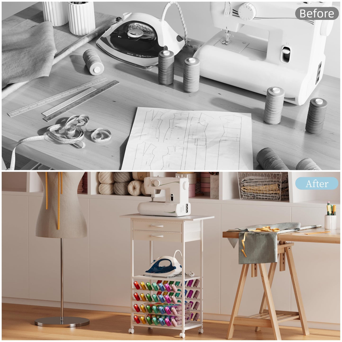 NinPeen Rolling Sewing Machine Table with 2 Fabric Drawers,Craft Table on Wheel with Spools Thread Holder,Portable Sewing Cabinet for Embroidery Machine with 3 Open Shelves for Small Spaces (White)