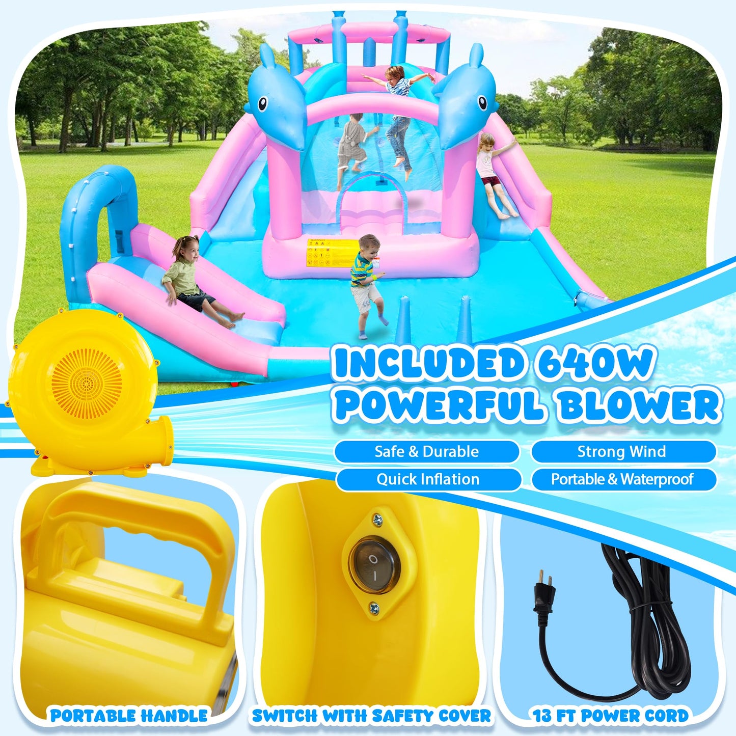 BounBounTime Inflatable Water Slide, Dolphin Bounce House for Kids 3-12, Water Park with Blower, Splash Pool, Climbing Wall, Water Cannon, Bouncy Castle for Backyard Summer Fun, 195 x 162 x 104 inches
