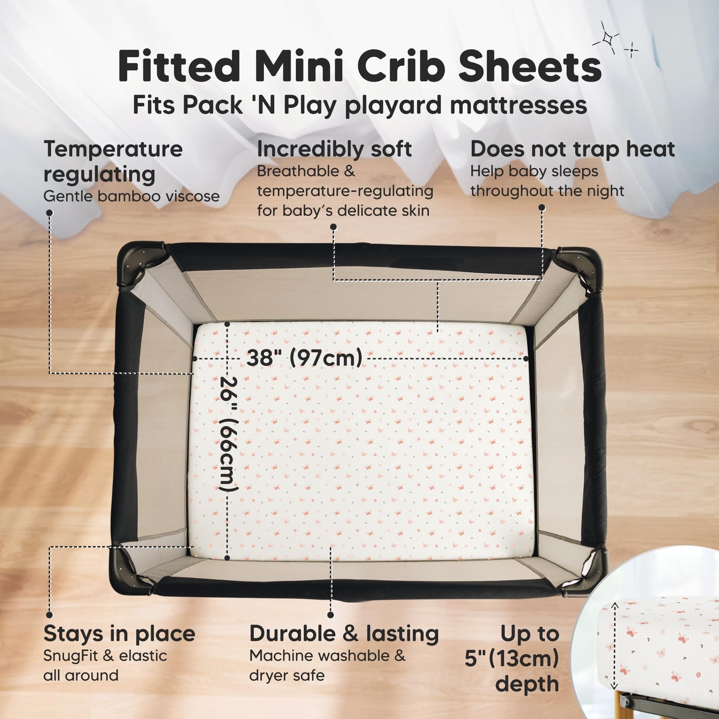 Pack and Play Sheets Fitted - 2-Pack Mini Crib Sheets for Pack N Play Mattress 38x26, Soft & Cozy, Neutral Toddler Playard Bedding, Snug Fitted Mini Baby Crib Mattress Cover Boy, Girl (Butterflies)