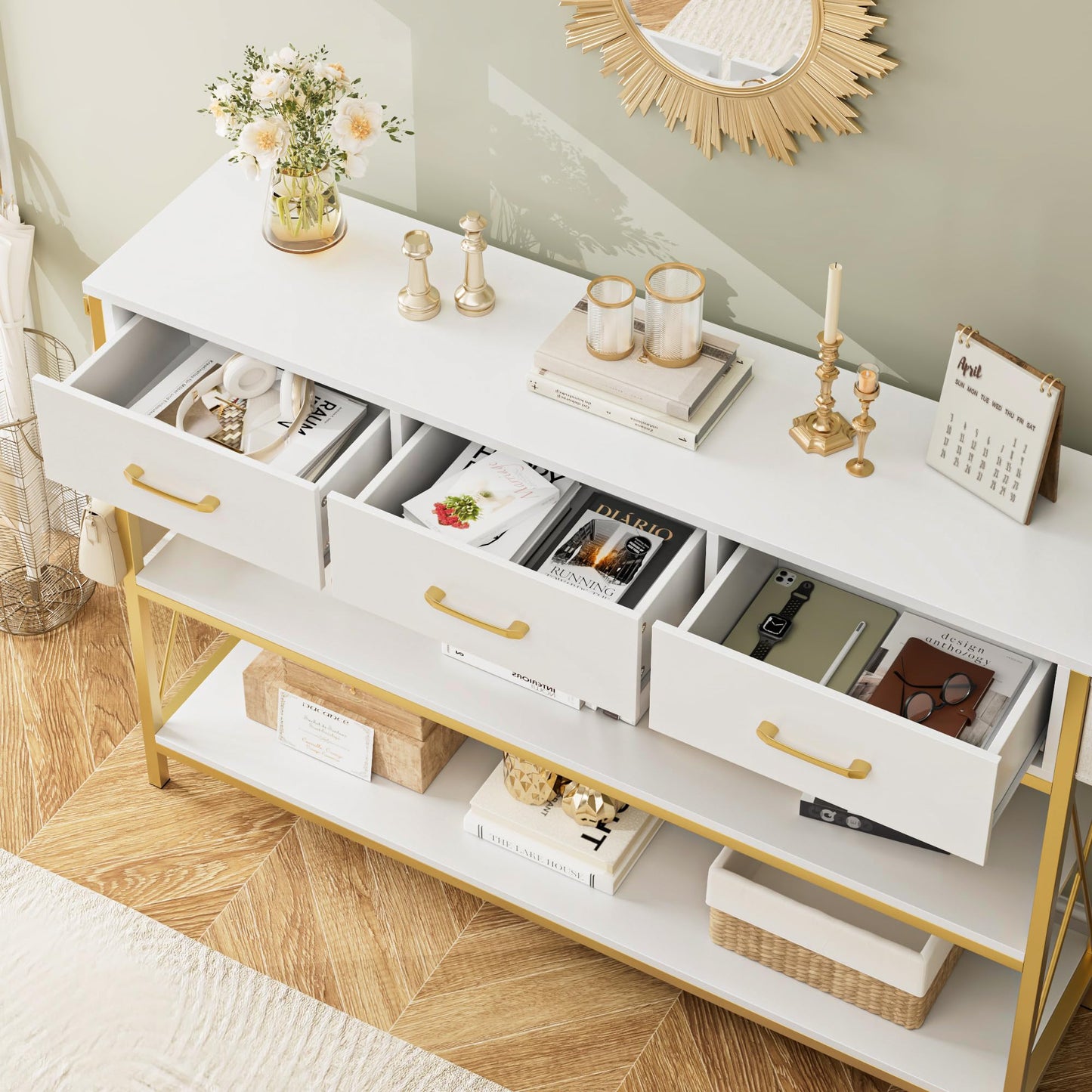 HITHOS Tall Bookshelf, Industrial Console Table with Drawers and Ladder Shelves, Free Standing Storage Cabinet Kitchen Bakers Rack with Microwave Oven Stand for Home Office, White Gold