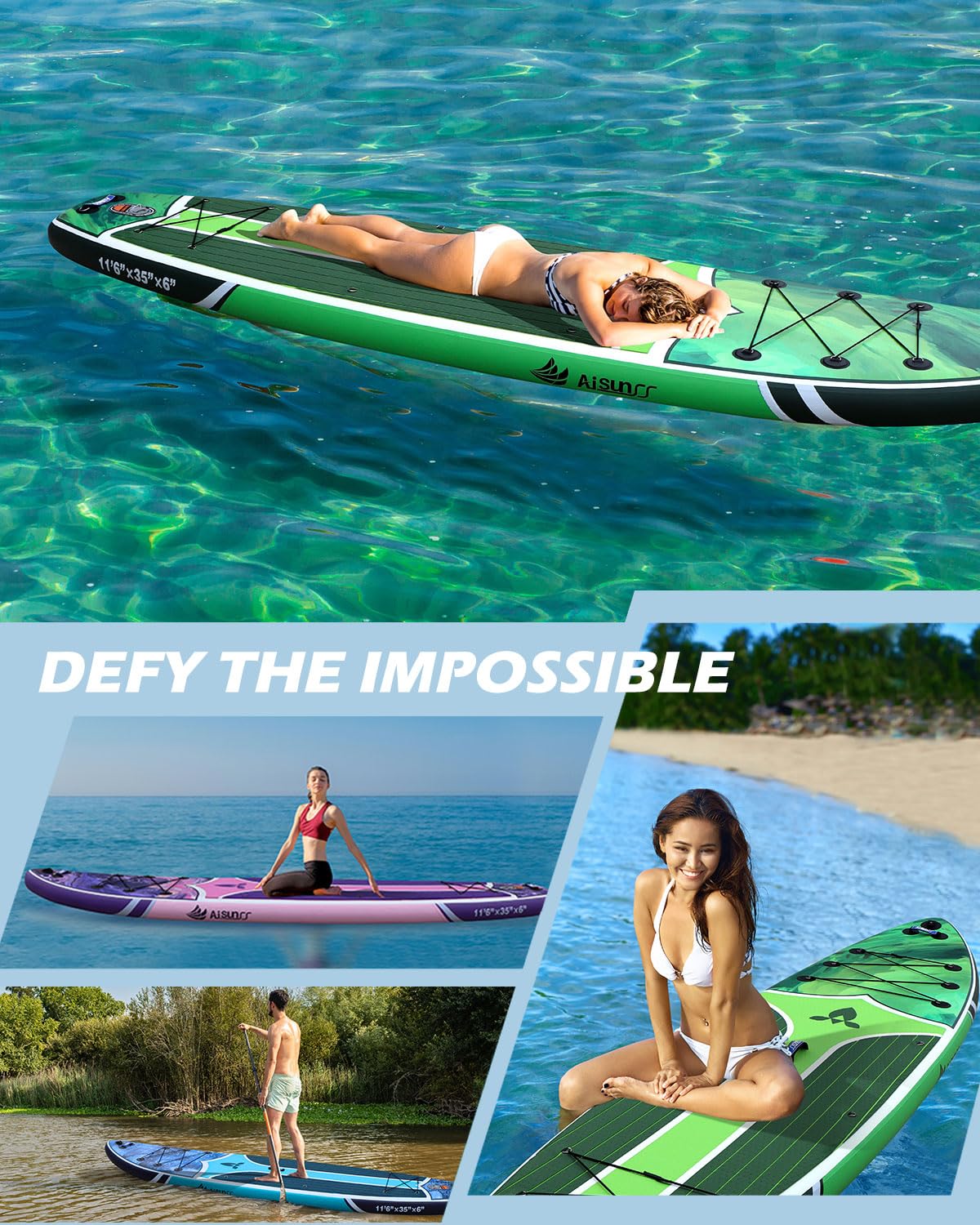 AISUNSS 11'6''x35'' Super Wide Inflatable Paddle Board, 450lb Capacity Premium Stable SUP Board for 2+1 People/Family w/100L Backpack, Dual-Action Pump, Safety Leash (Green Oil Painting)